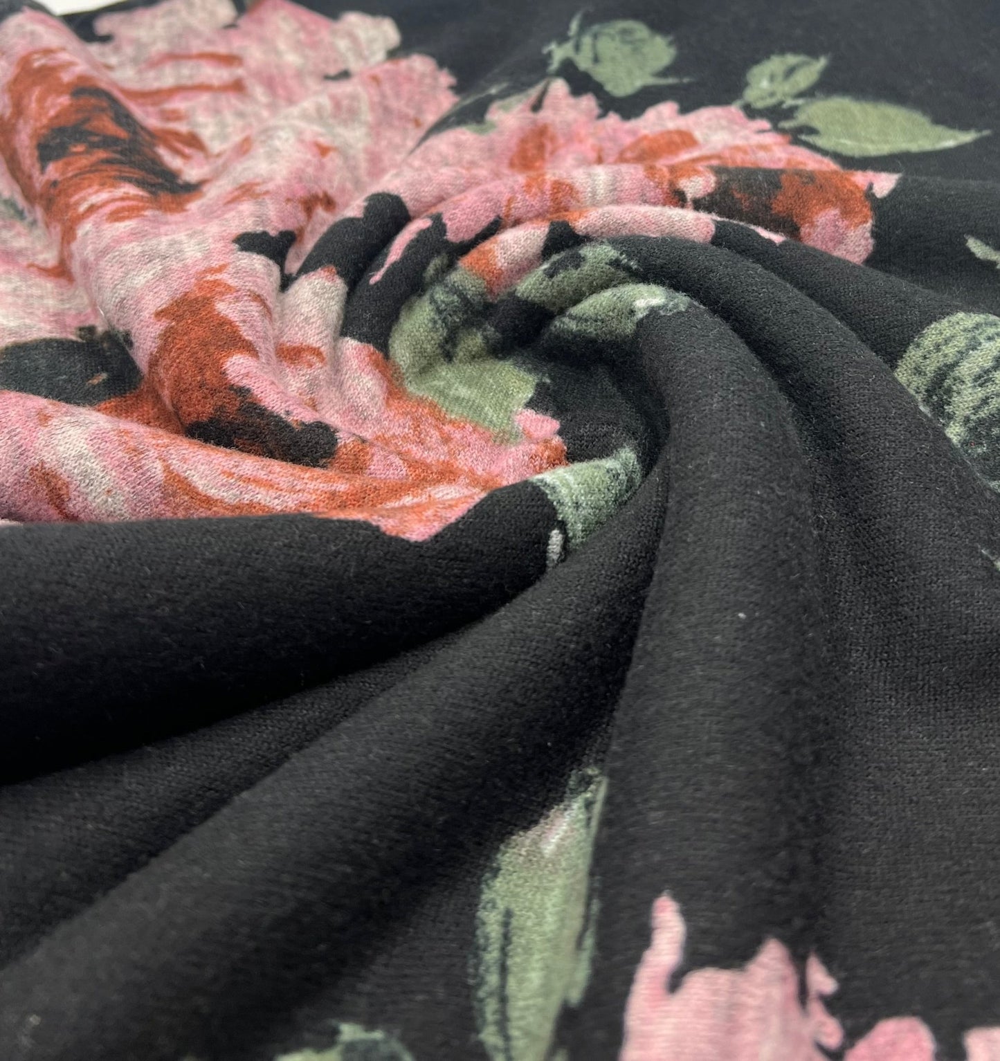 Black Pink Rose Floral Melange Knit Stretch Fabric - T9 Fabrics