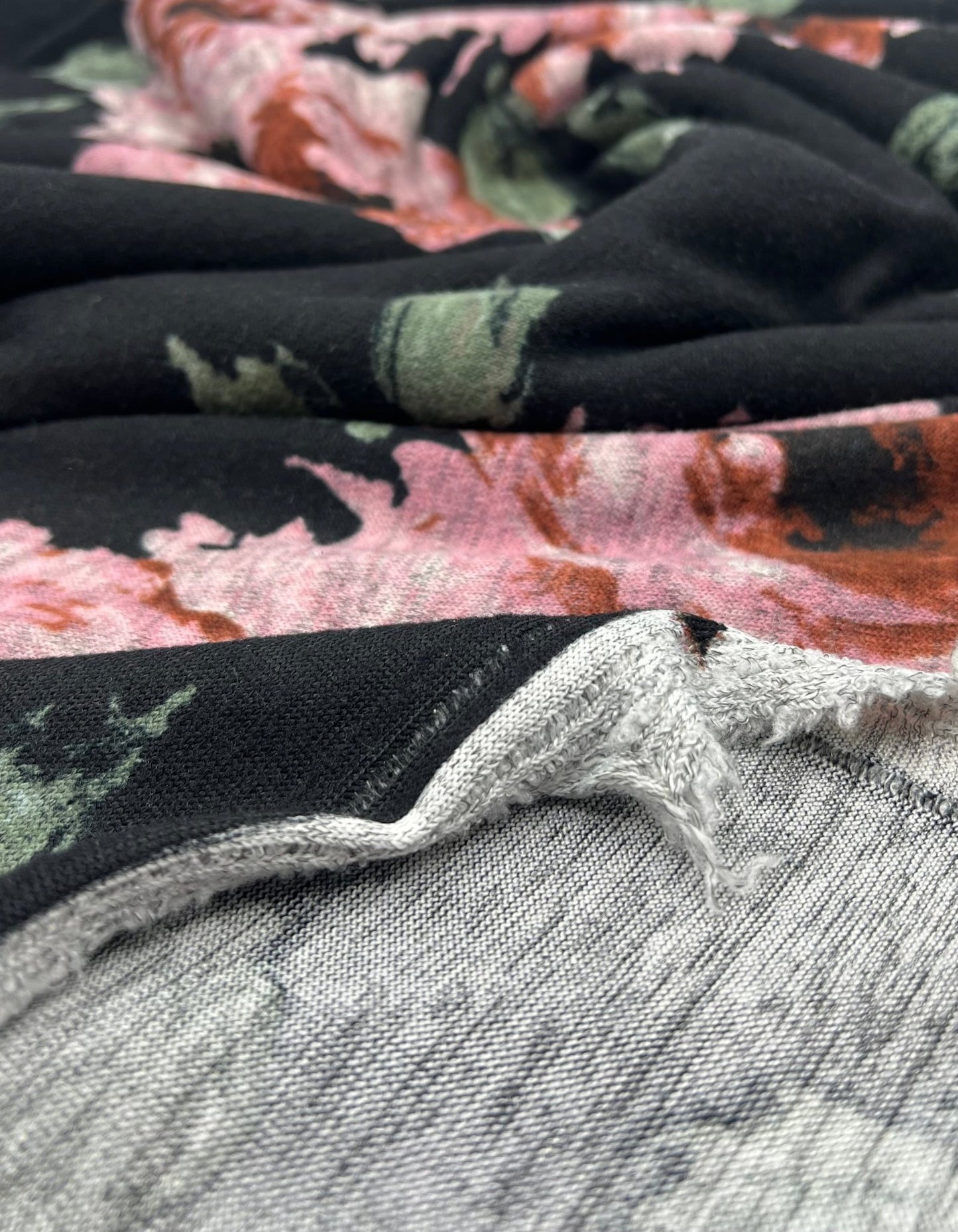 Black Pink Rose Floral Melange Knit Stretch Fabric - T9 Fabrics