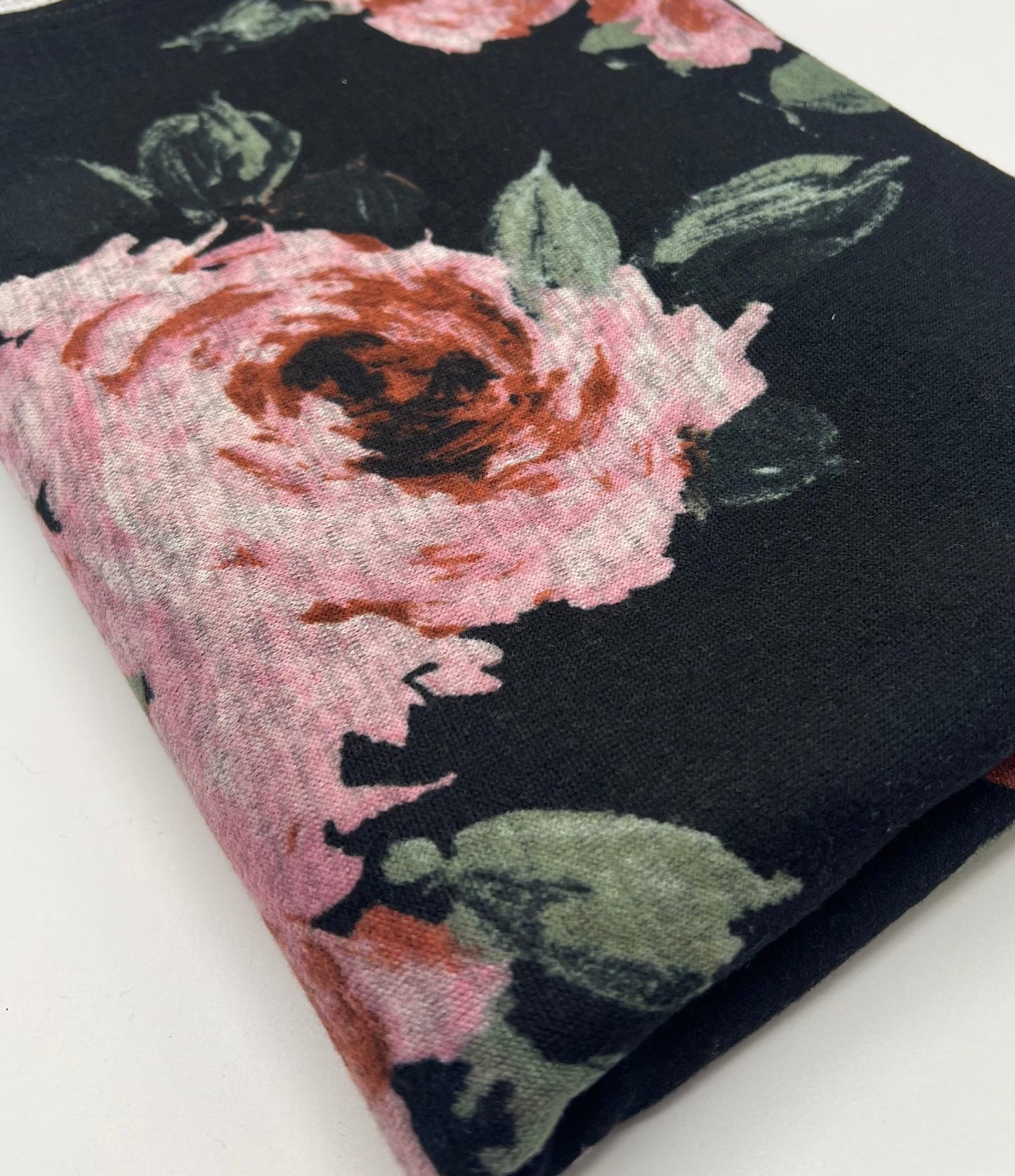 Black Pink Rose Floral Melange Knit Stretch Fabric - T9 Fabrics
