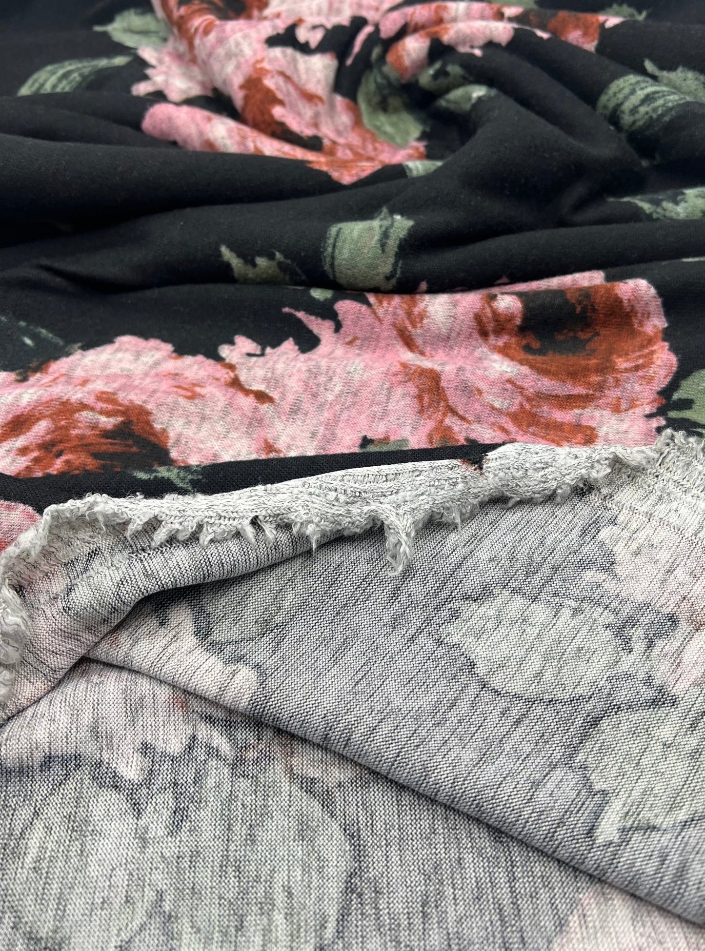 Black Pink Rose Floral Melange Knit Stretch Fabric - T9 Fabrics
