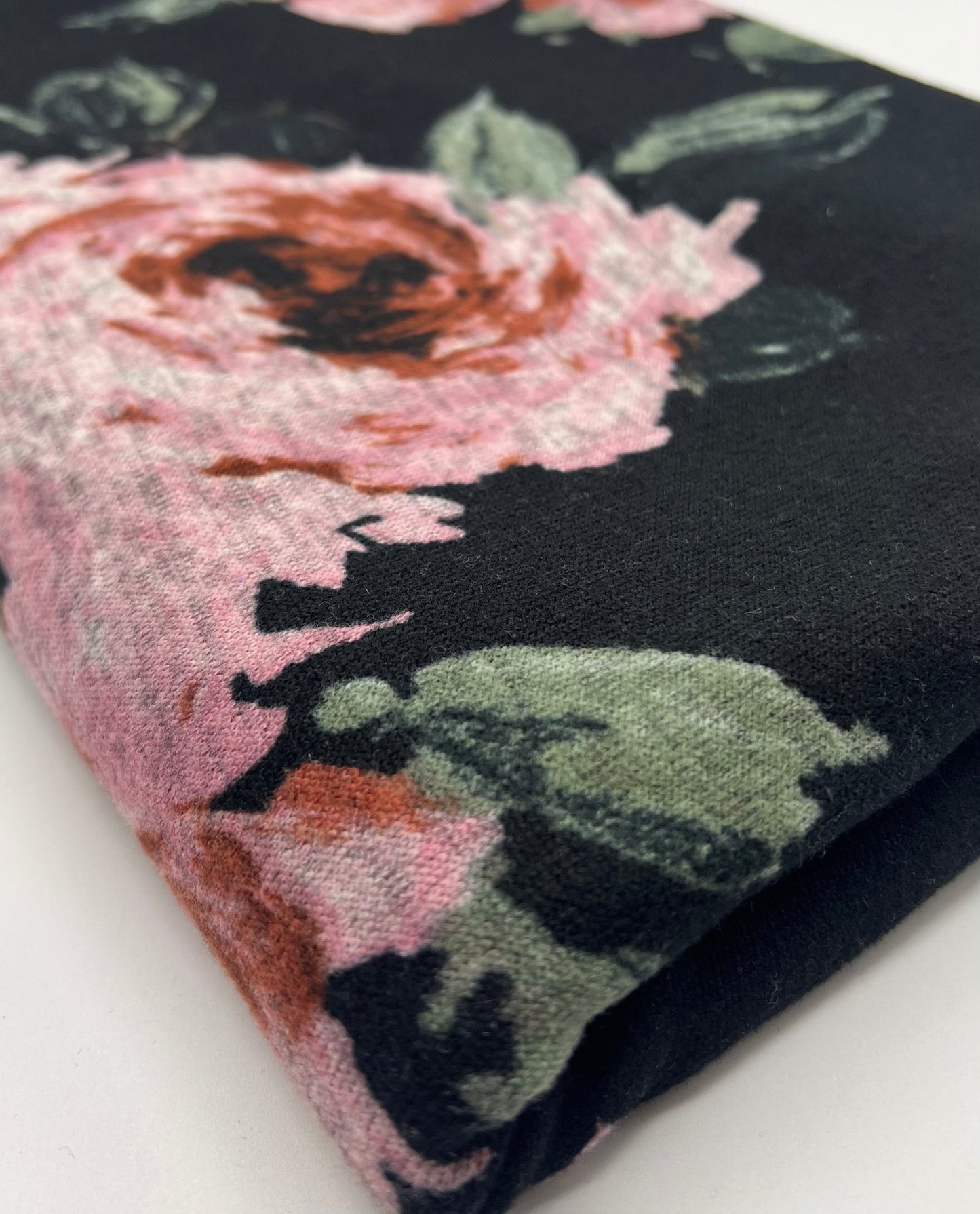 Black Pink Rose Floral Melange Knit Stretch Fabric - T9 Fabrics