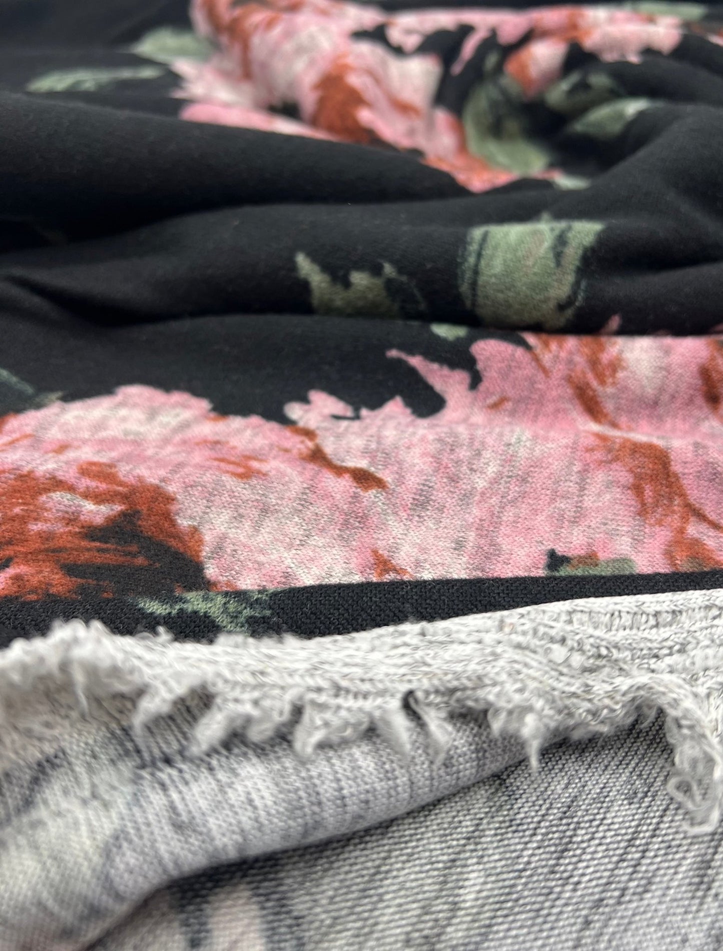 Black Pink Rose Floral Melange Knit Stretch Fabric - T9 Fabrics