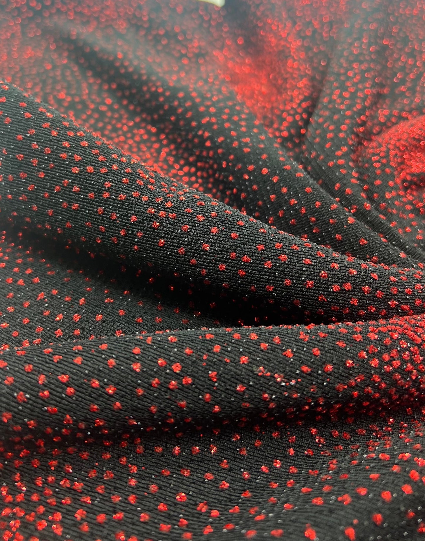 Black Red Glitter Detail Lurex Sparkle Metallic Stretch Knit Fabric - T9 Fabrics