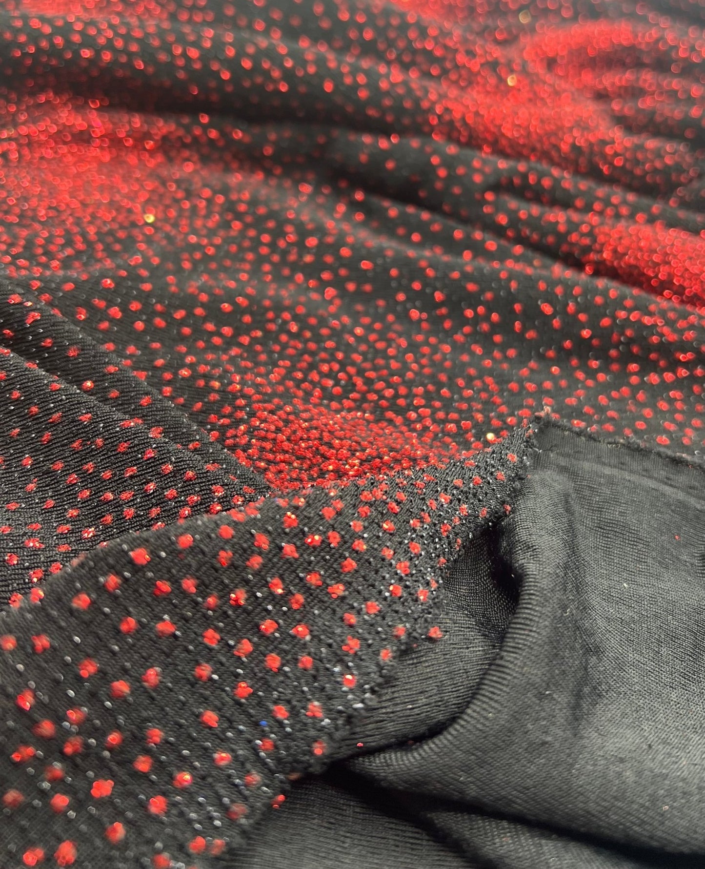 Black Red Glitter Detail Lurex Sparkle Metallic Stretch Knit Fabric - T9 Fabrics