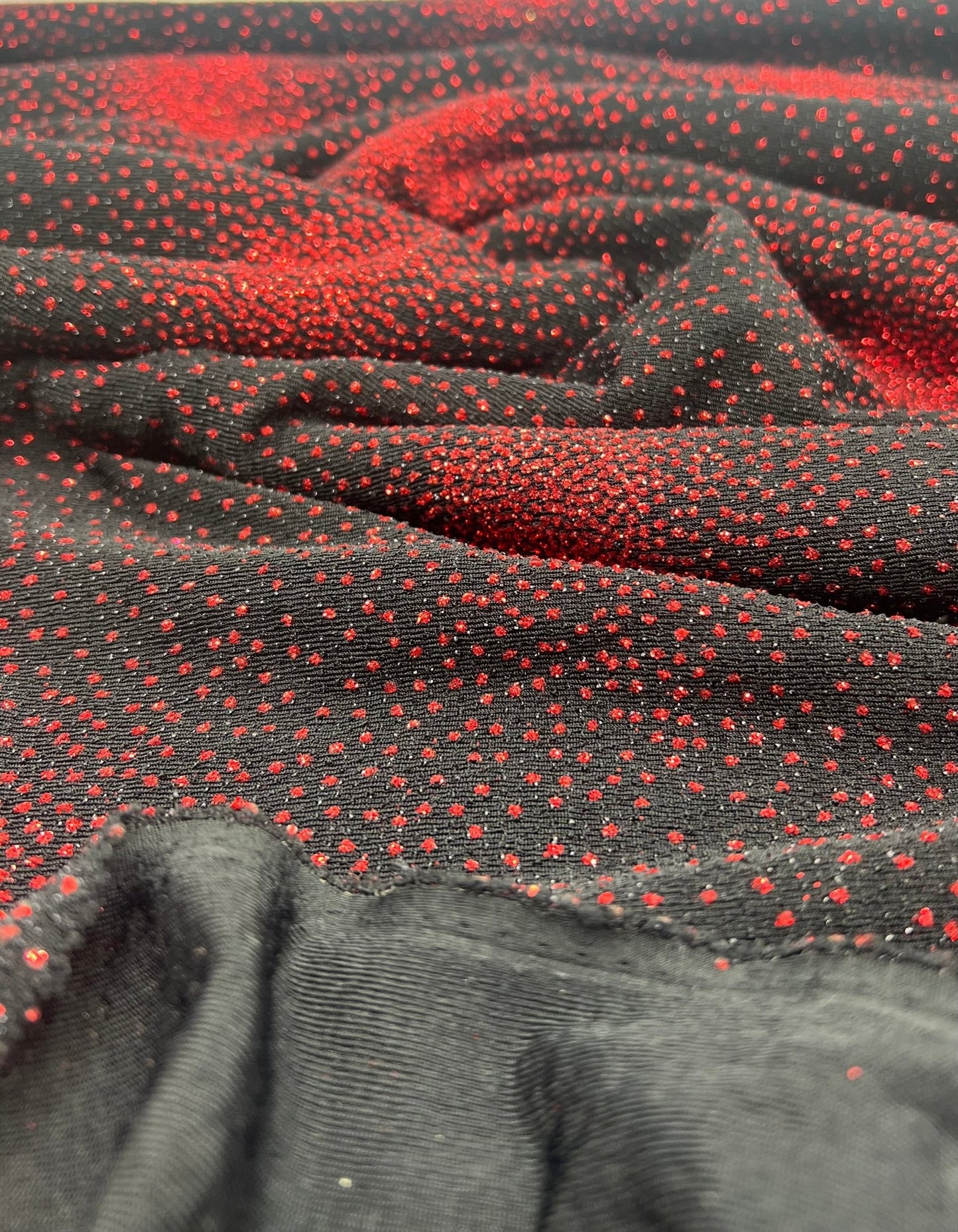 Black Red Glitter Detail Lurex Sparkle Metallic Stretch Knit Fabric - T9 Fabrics