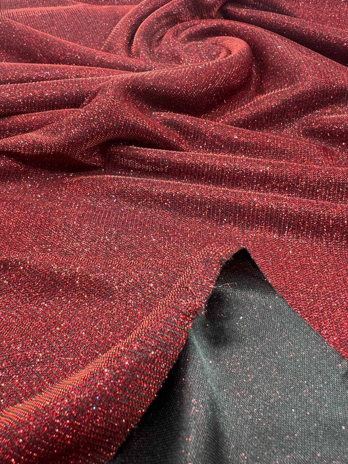 Black Red Glitter Detail Sparkle Metallic Stretch Knit Fabric - T9 Fabrics
