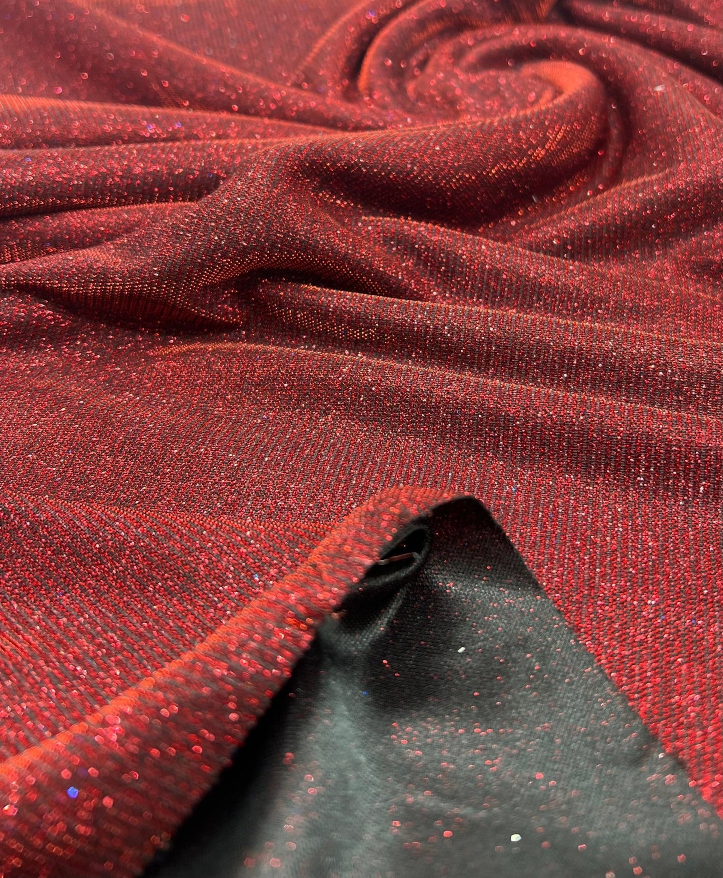 Black Red Glitter Detail Sparkle Metallic Stretch Knit Fabric - T9 Fabrics