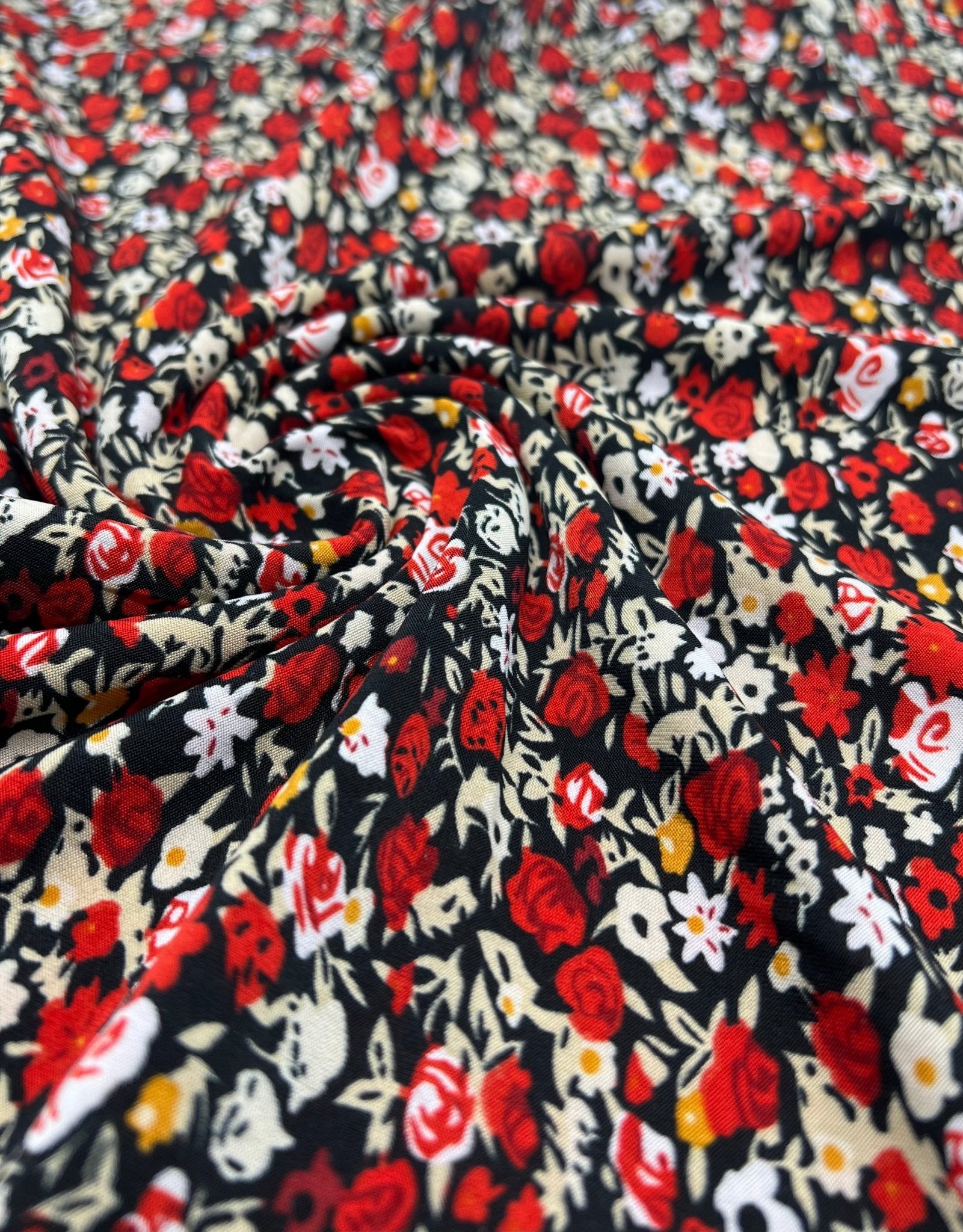Black Red Mix Ditsy Viscose Elastane 4 Way Stretch Fabric - T9 Fabrics