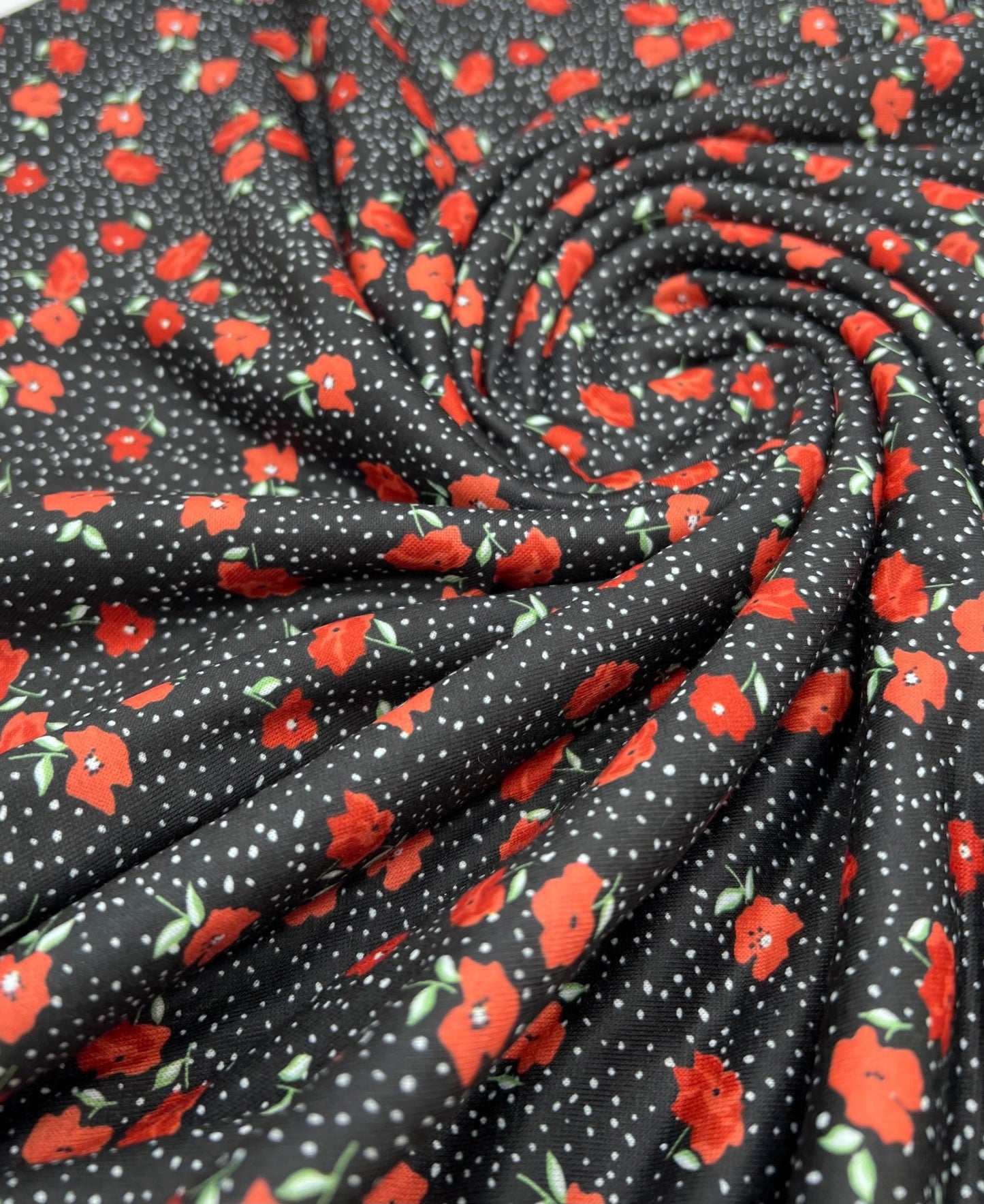 Black Red Poppy Print Spun Poly Stretch Fabric - T9 Fabrics