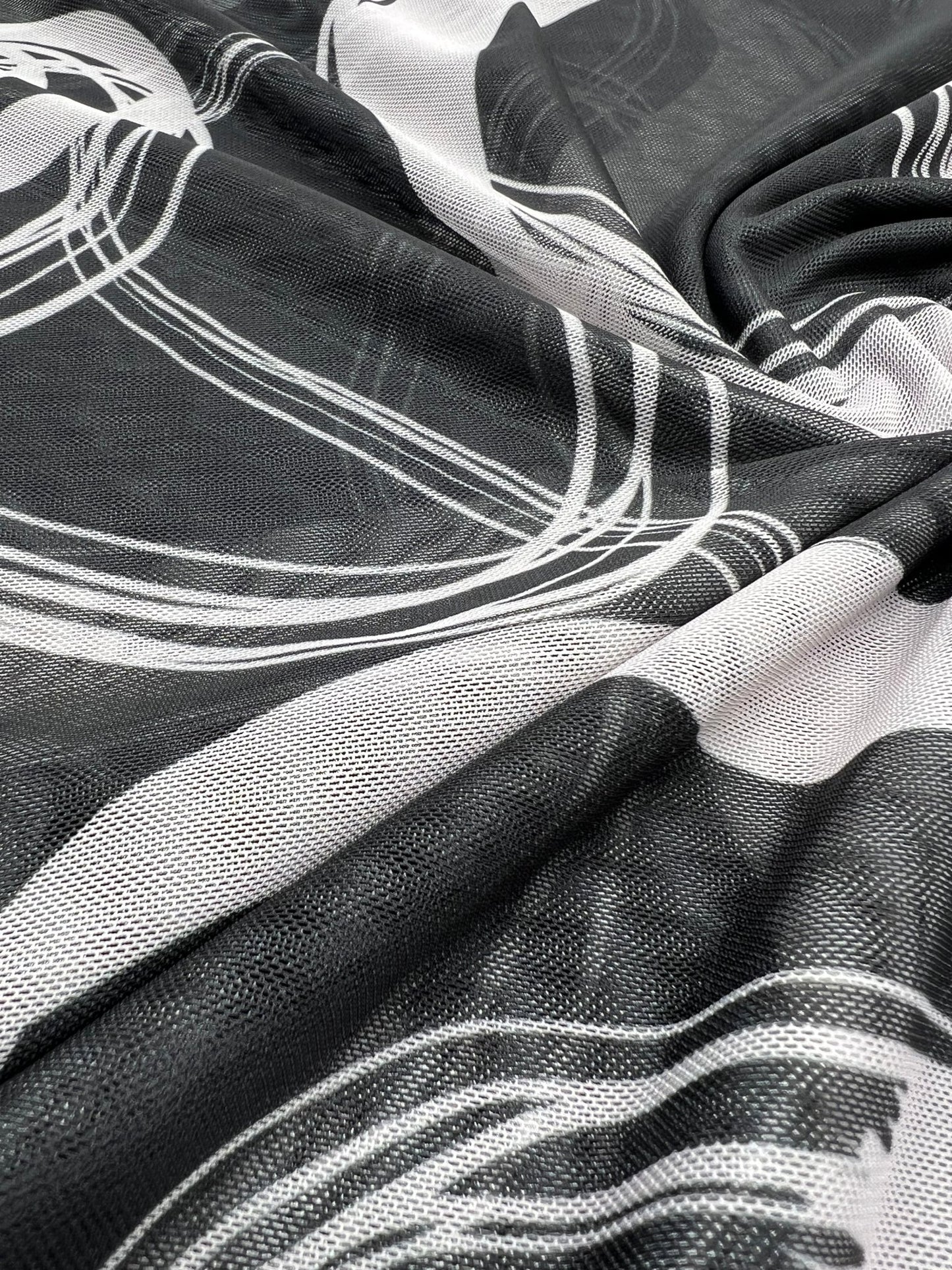 Black Swirl Print Mesh Fabric Stretch - T9 Fabrics