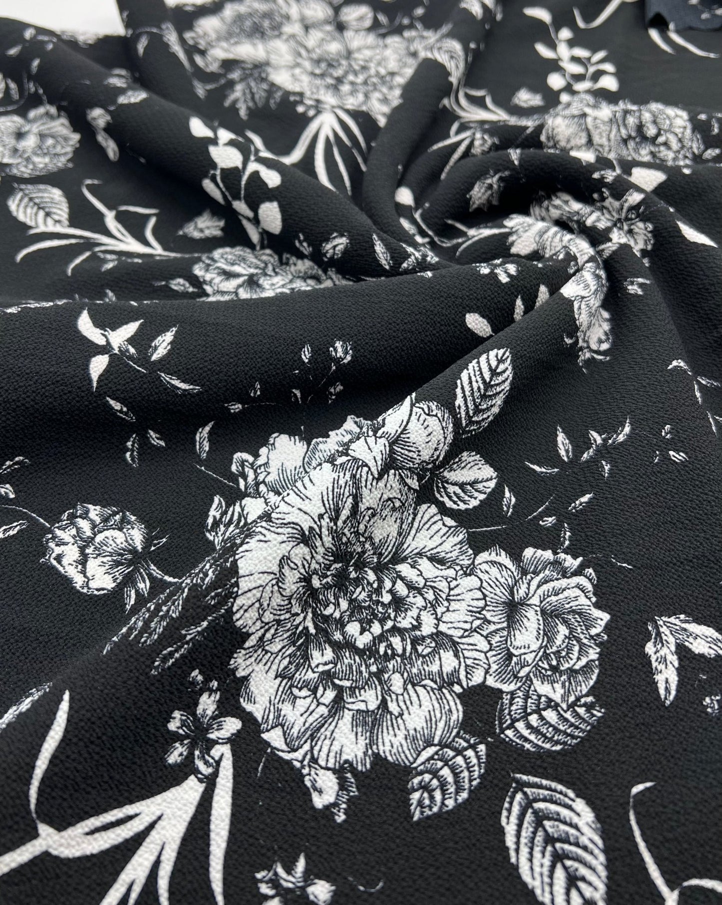 Black White Floral Print Lightweight Bubble Crepe Fabric - T9 Fabrics