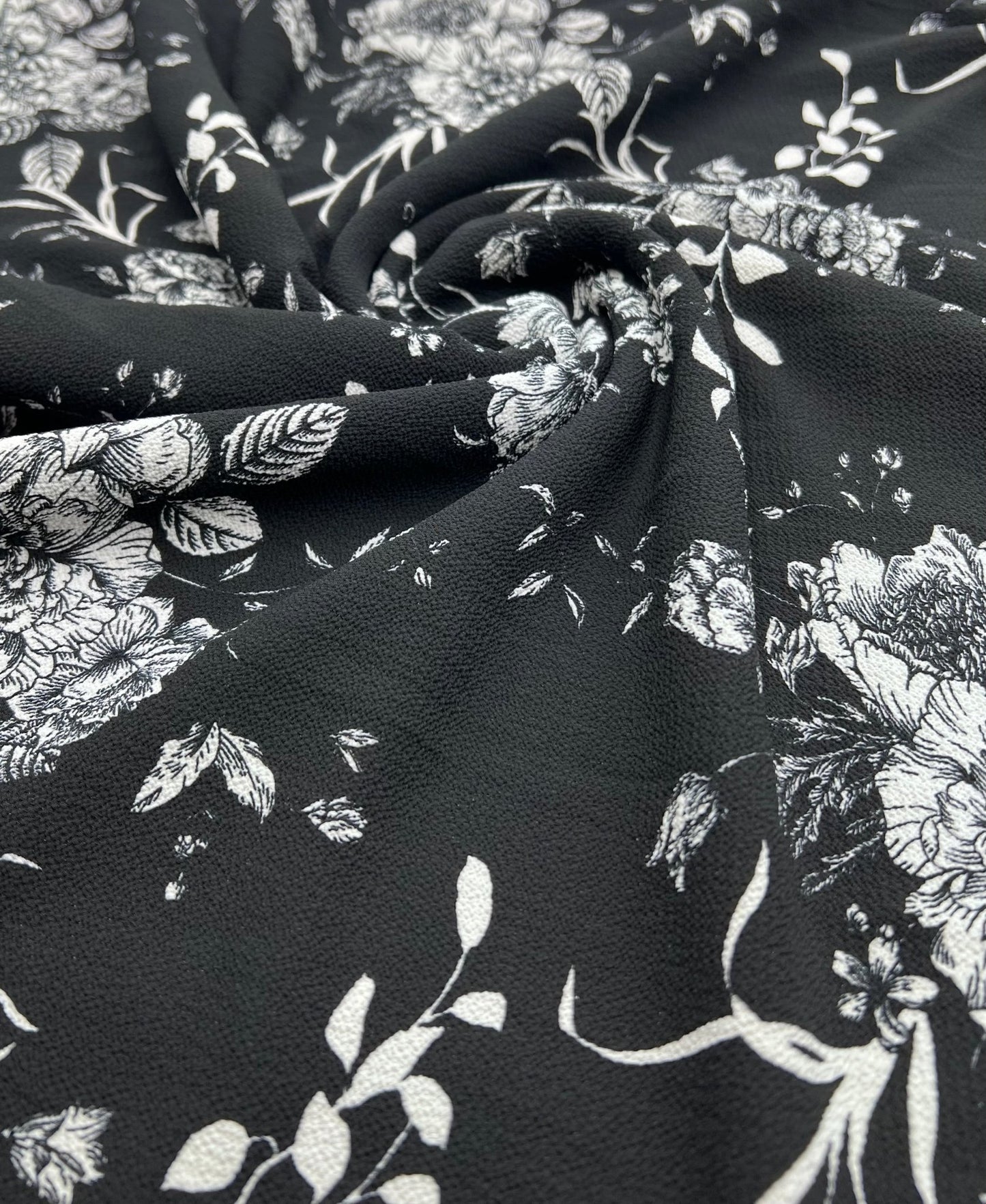 Black White Floral Print Lightweight Bubble Crepe Fabric - T9 Fabrics