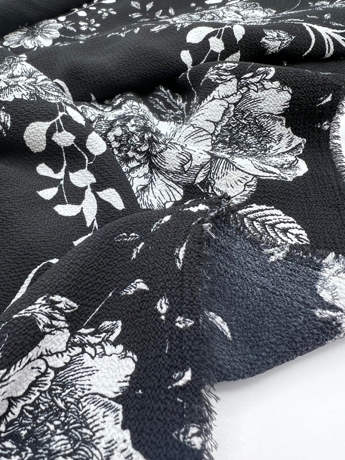 Black White Floral Print Lightweight Bubble Crepe Fabric - T9 Fabrics