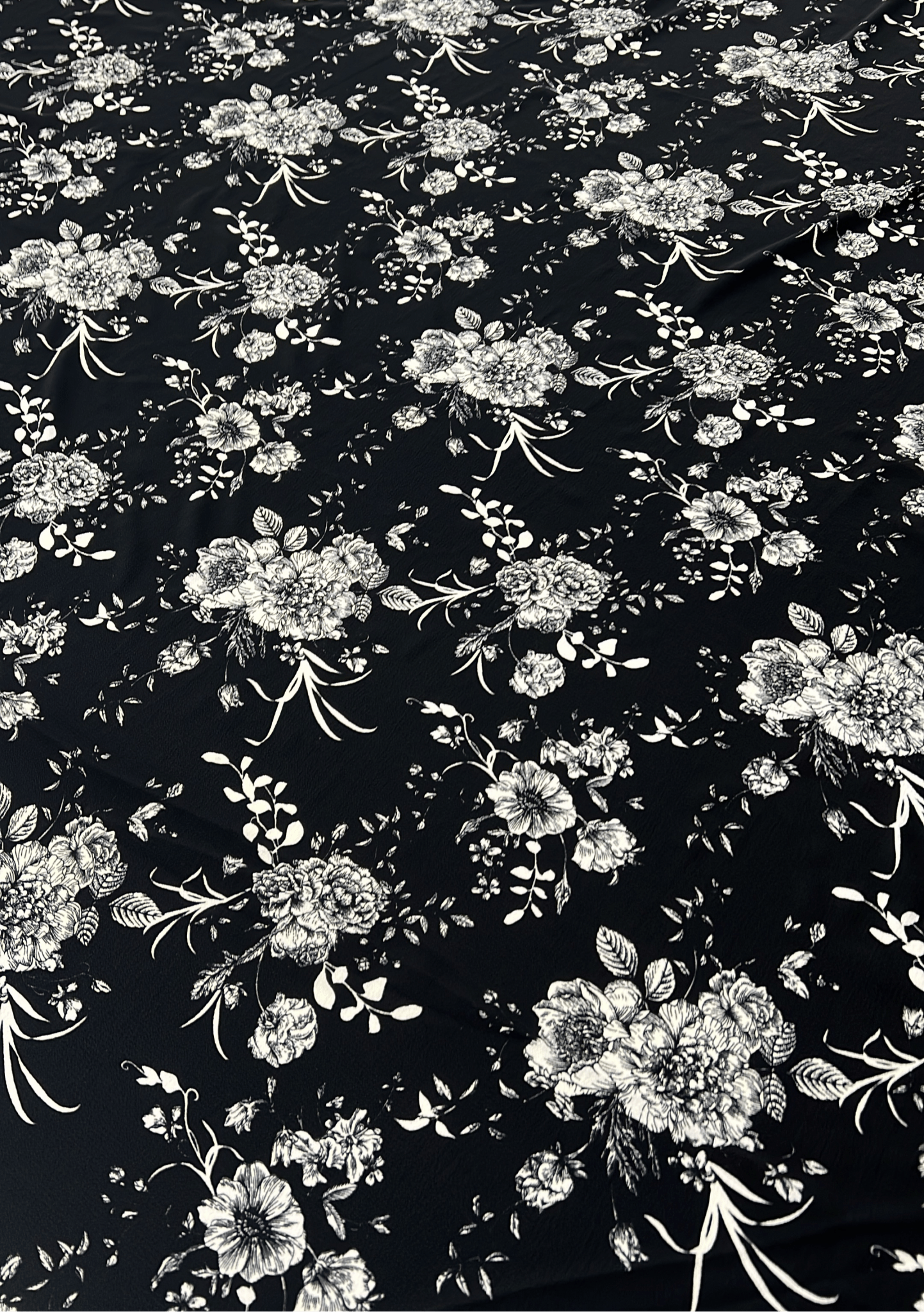 Black White Floral Print Lightweight Bubble Crepe Fabric - T9 Fabrics