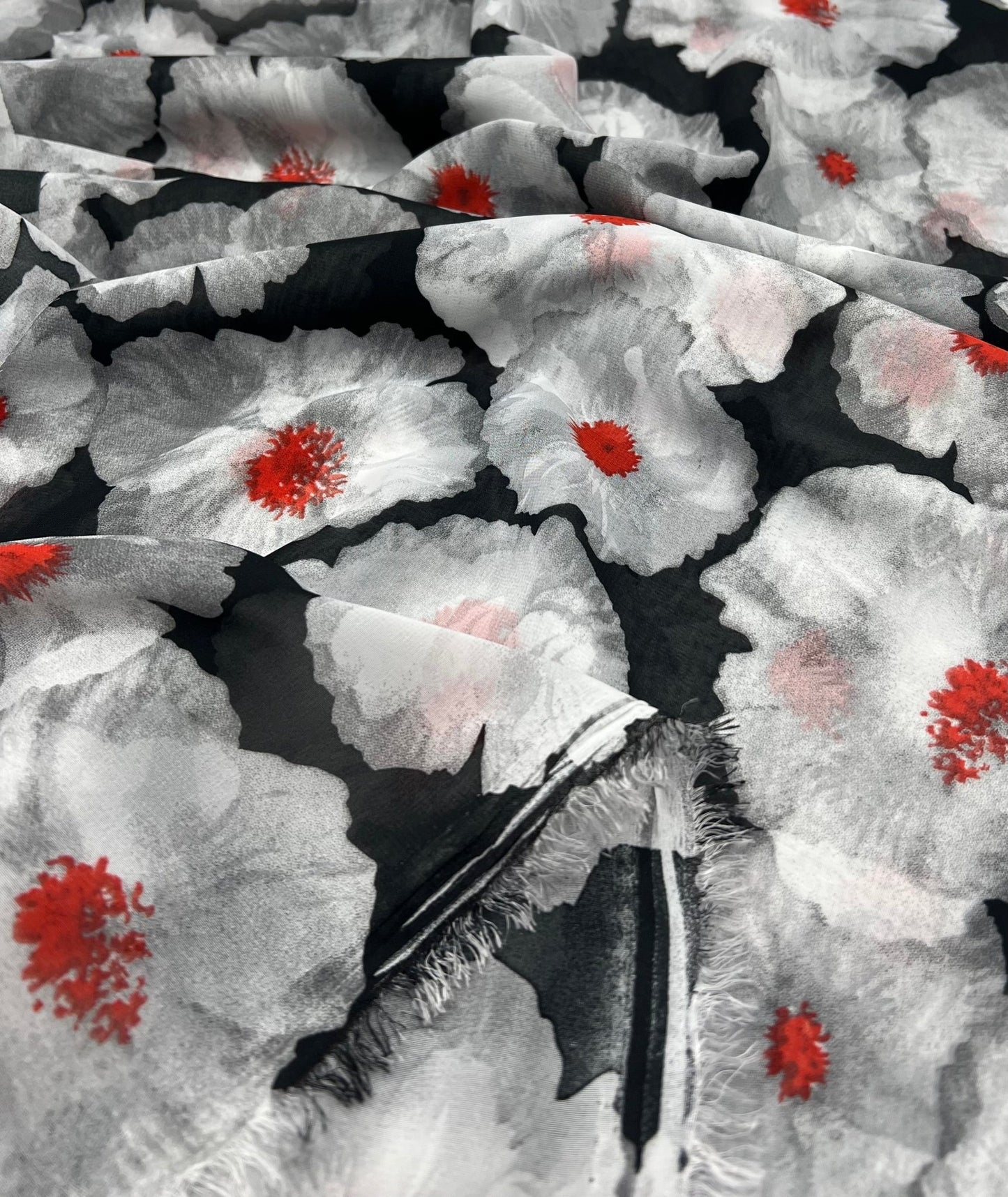 Black White Floral Printed Chiffon Dress Fabric - T9 Fabrics