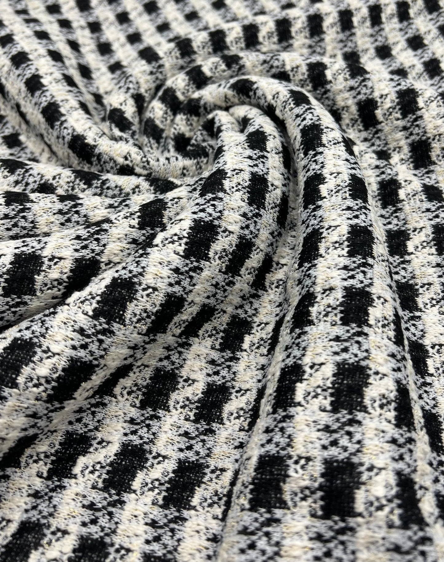 Black White Gingham Gold Speckles Jacquard Stretch Fabric - T9 Fabrics
