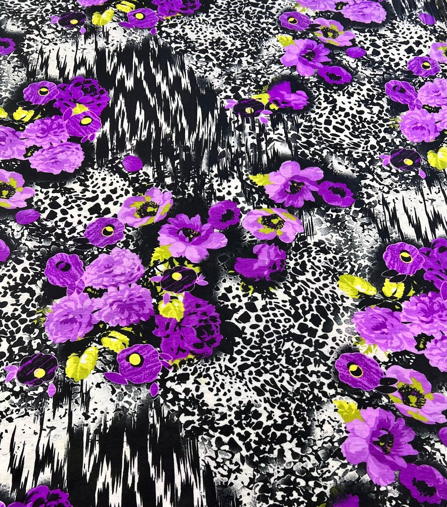 Black White Purple Floral Animal Print Viscose Elastane 2 Way Stretch Fabric - T9 Fabrics