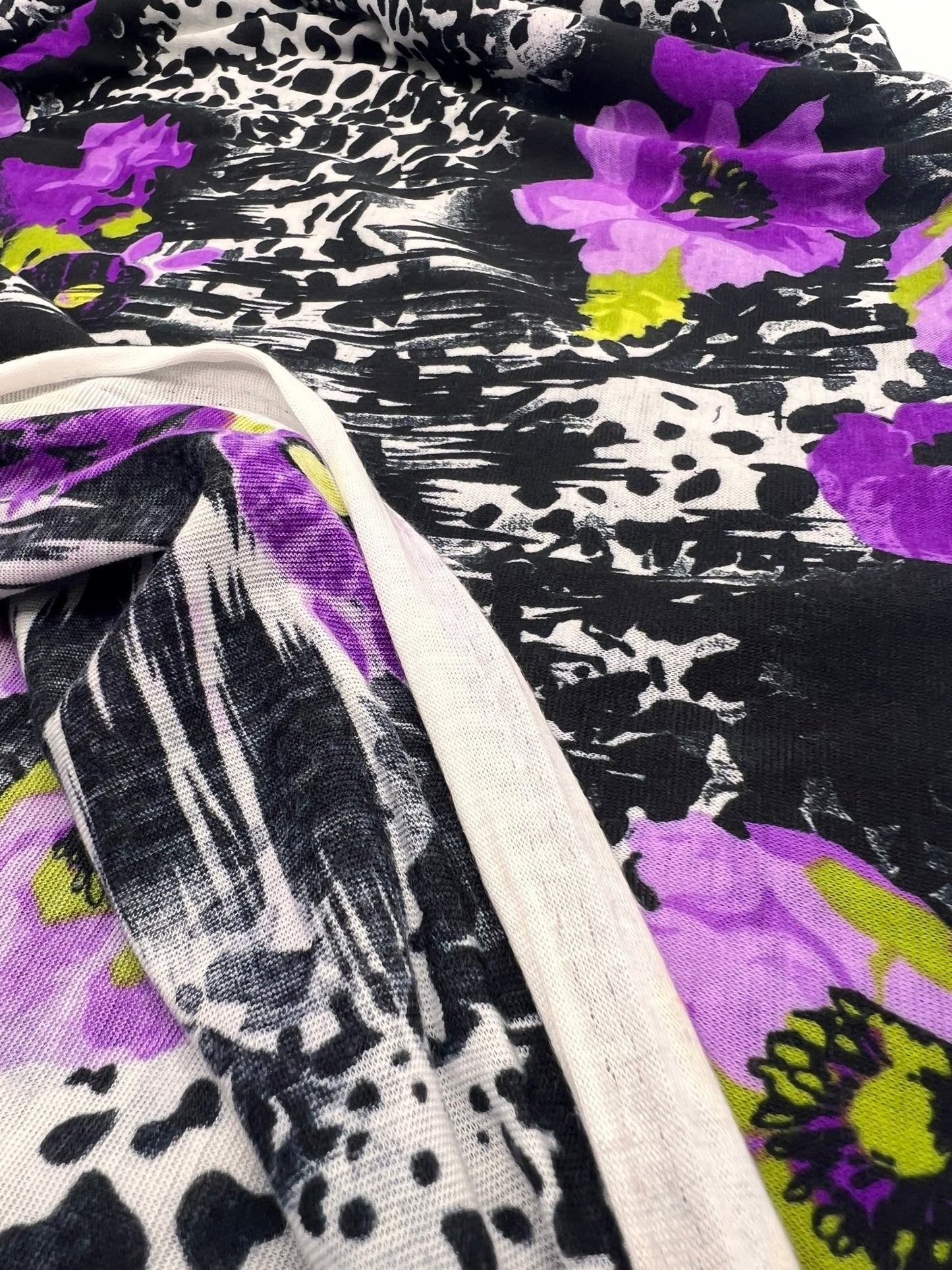 Black White Purple Floral Animal Print Viscose Elastane 2 Way Stretch Fabric - T9 Fabrics