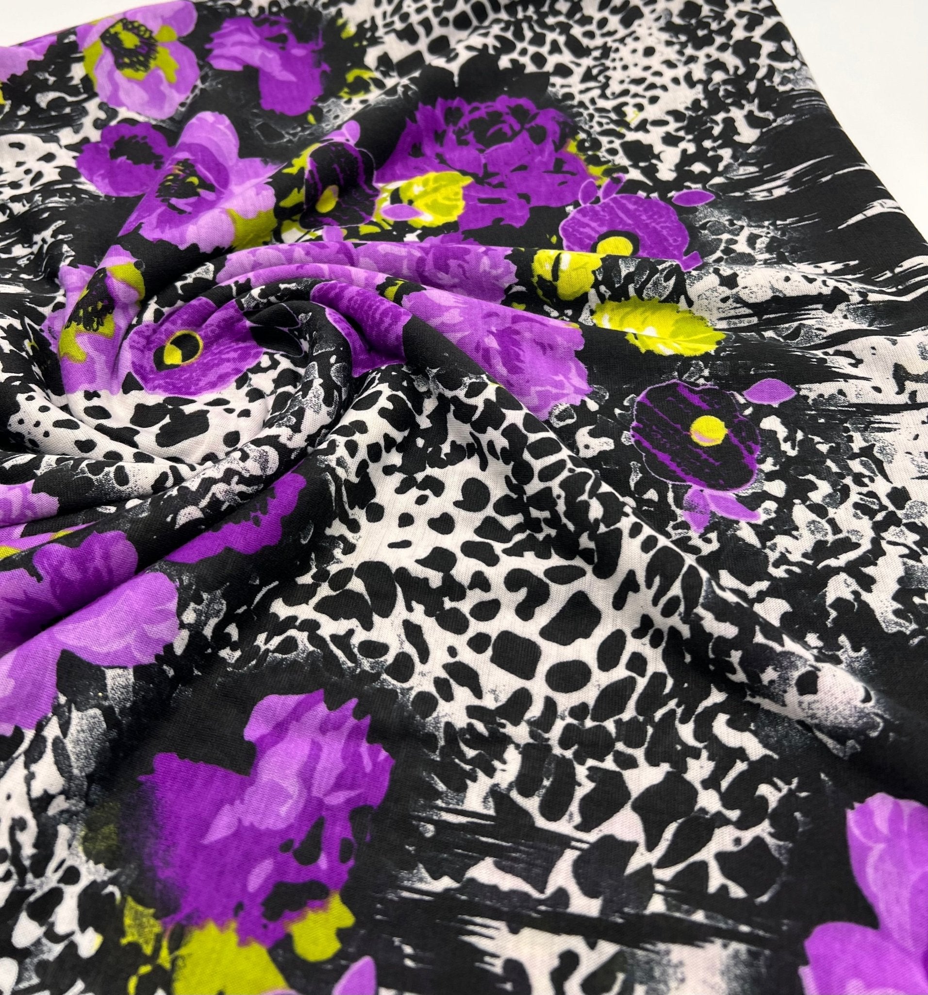 Black White Purple Floral Animal Print Viscose Elastane 2 Way Stretch Fabric - T9 Fabrics