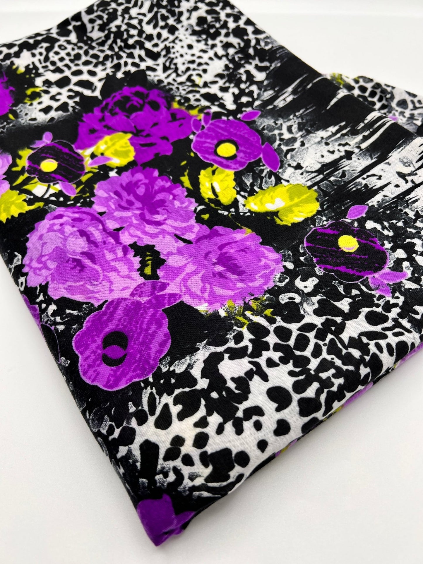 Black White Purple Floral Animal Print Viscose Elastane 2 Way Stretch Fabric - T9 Fabrics