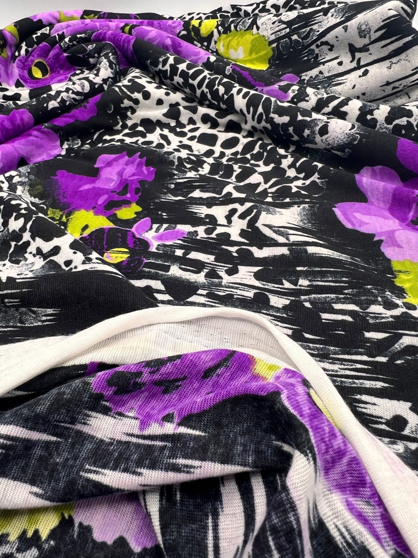 Black White Purple Floral Animal Print Viscose Elastane 2 Way Stretch Fabric - T9 Fabrics