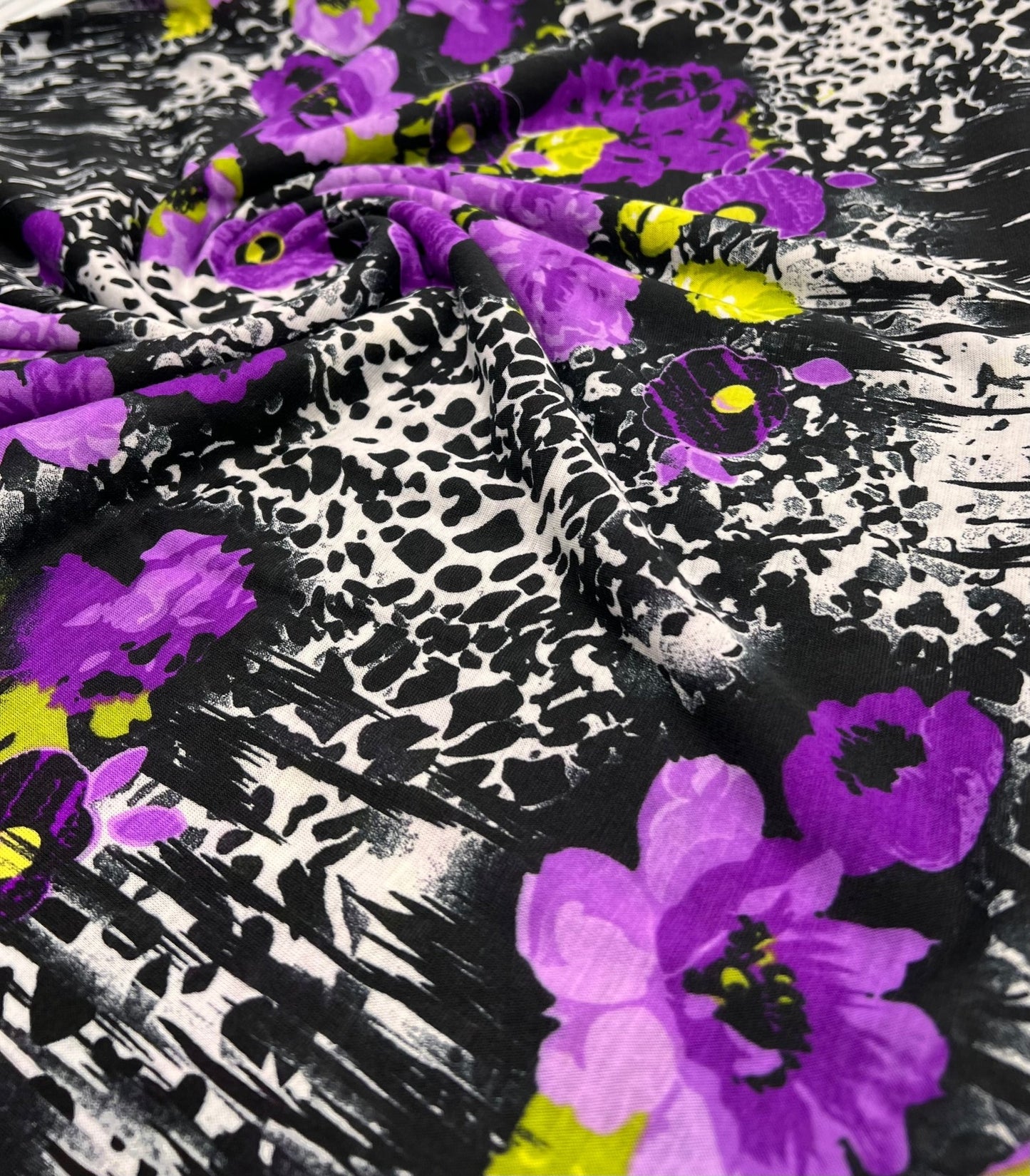Black White Purple Floral Animal Print Viscose Elastane 2 Way Stretch Fabric - T9 Fabrics