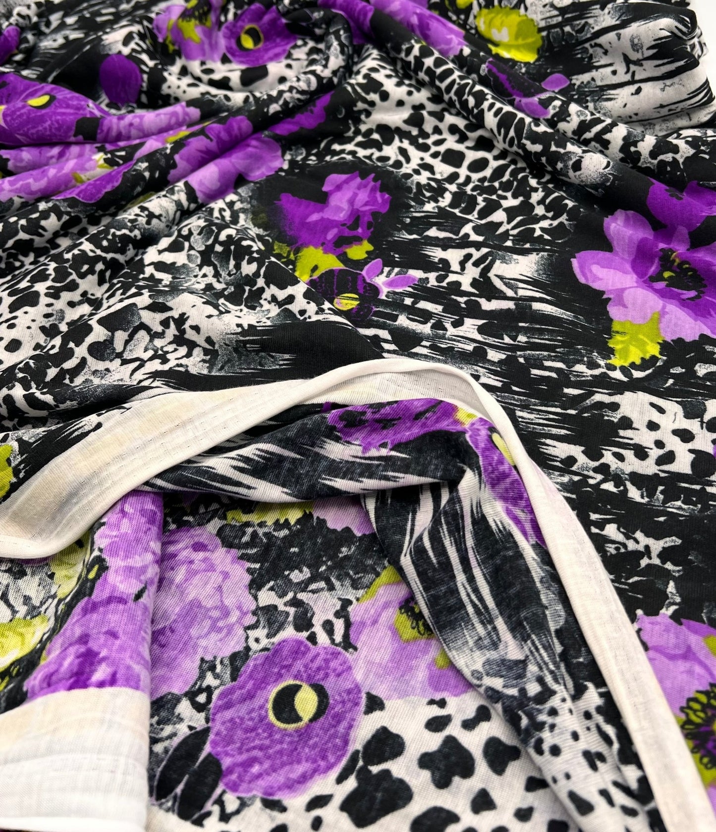 Black White Purple Floral Animal Print Viscose Elastane 2 Way Stretch Fabric - T9 Fabrics