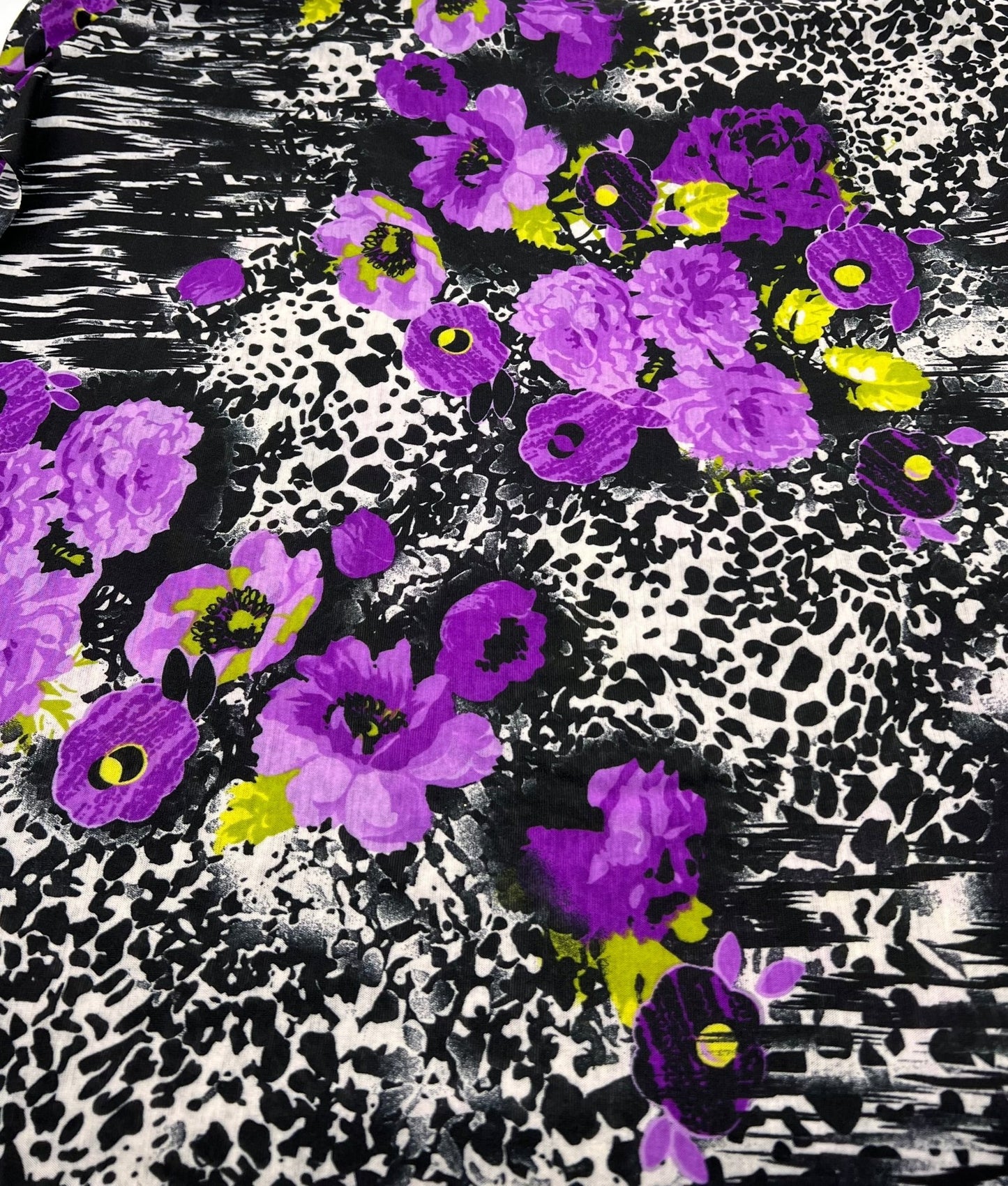 Black White Purple Floral Animal Print Viscose Elastane 2 Way Stretch Fabric - T9 Fabrics
