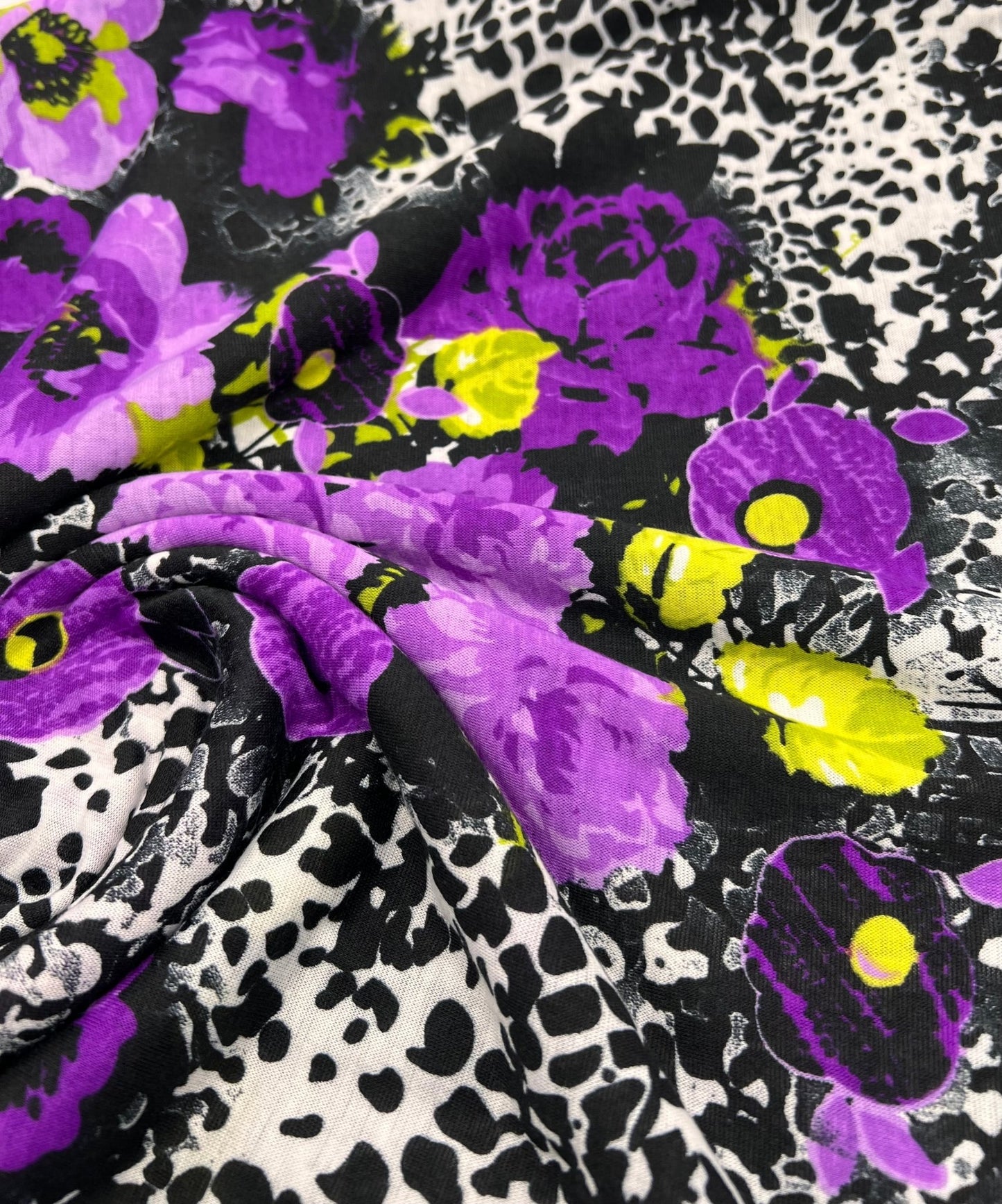 Black White Purple Floral Animal Print Viscose Elastane 2 Way Stretch Fabric - T9 Fabrics