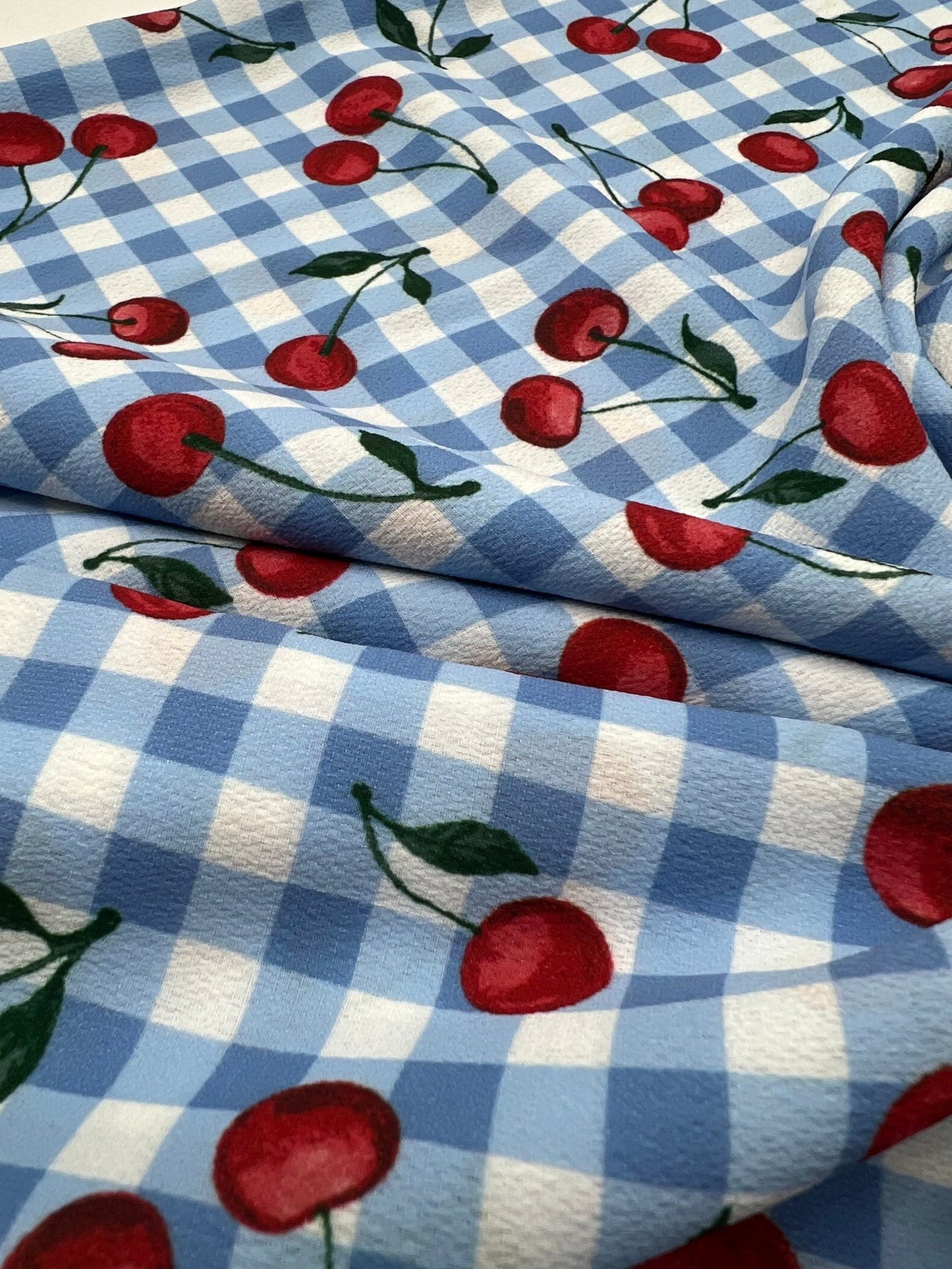 Blue Cherry Gingham Check Print Lightweight Bubble Crepe Fabric - T9 Fabrics