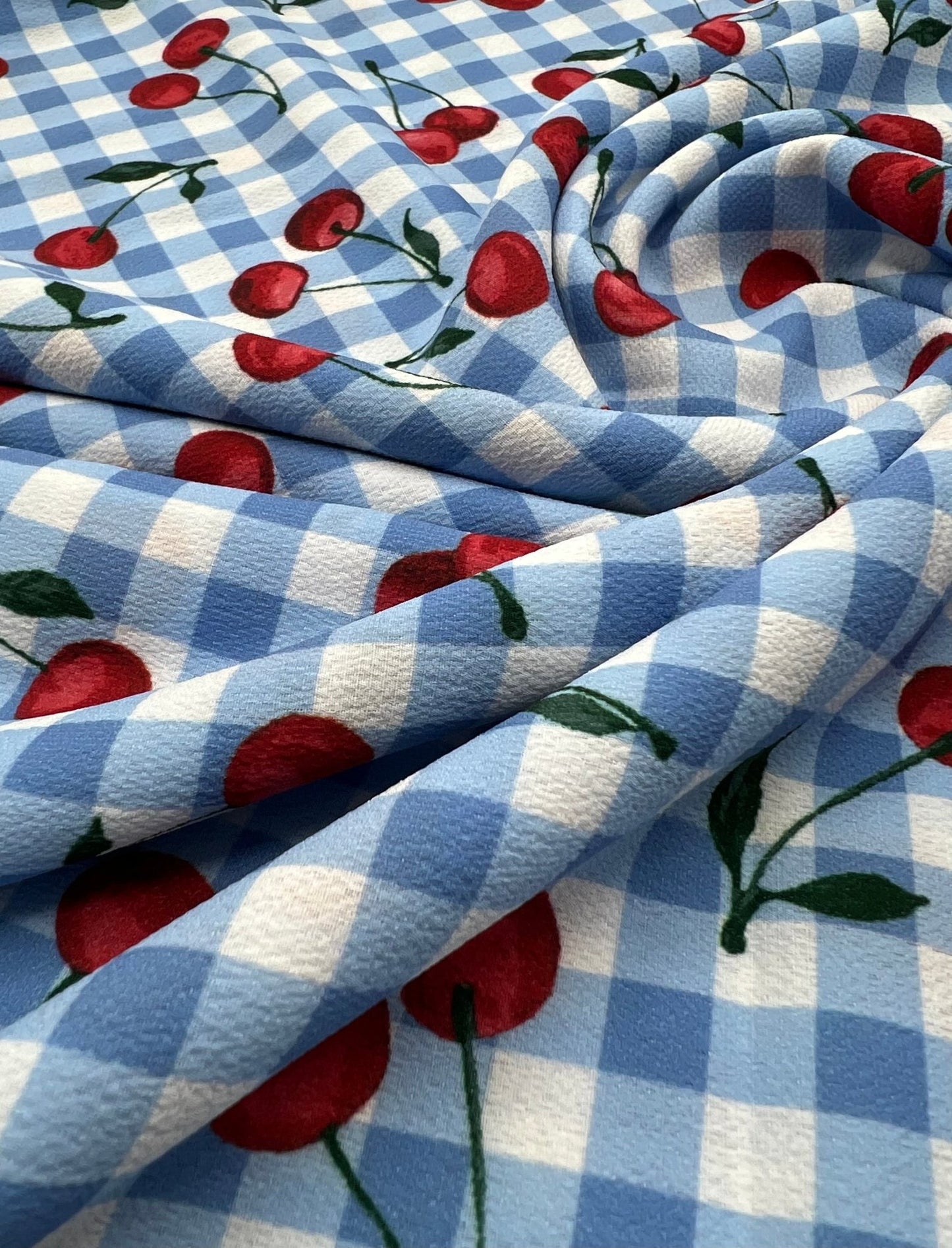 Blue Cherry Gingham Check Print Lightweight Bubble Crepe Fabric - T9 Fabrics