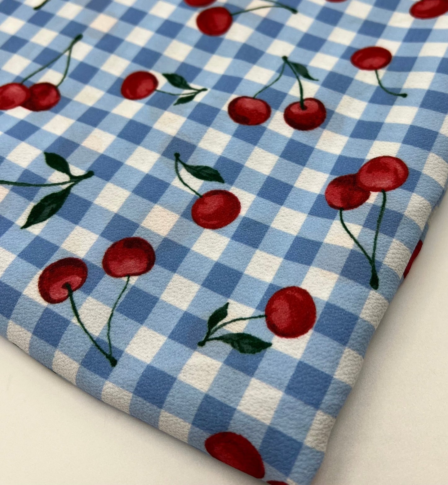 Blue Cherry Gingham Check Print Lightweight Bubble Crepe Fabric - T9 Fabrics