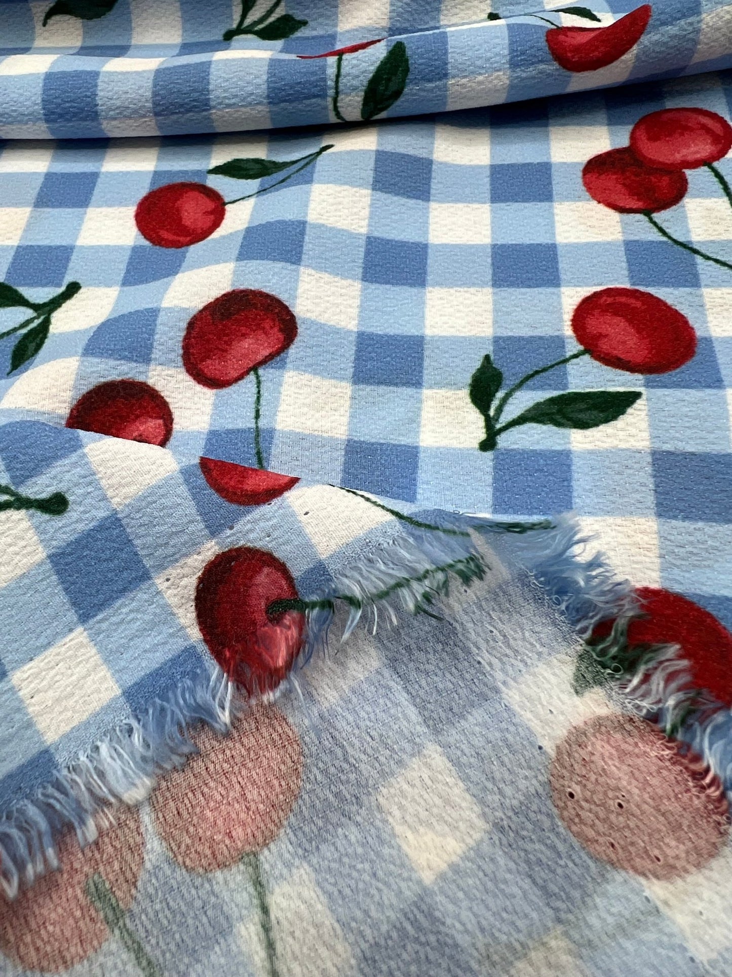 Blue Cherry Gingham Check Print Lightweight Bubble Crepe Fabric - T9 Fabrics