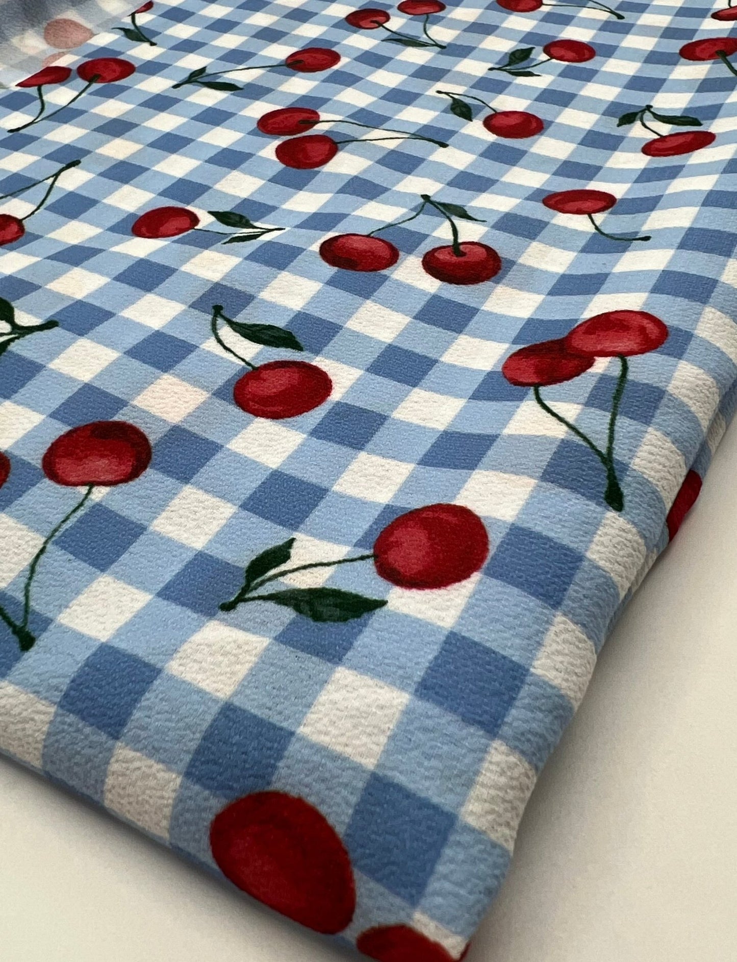 Blue Cherry Gingham Check Print Lightweight Bubble Crepe Fabric - T9 Fabrics