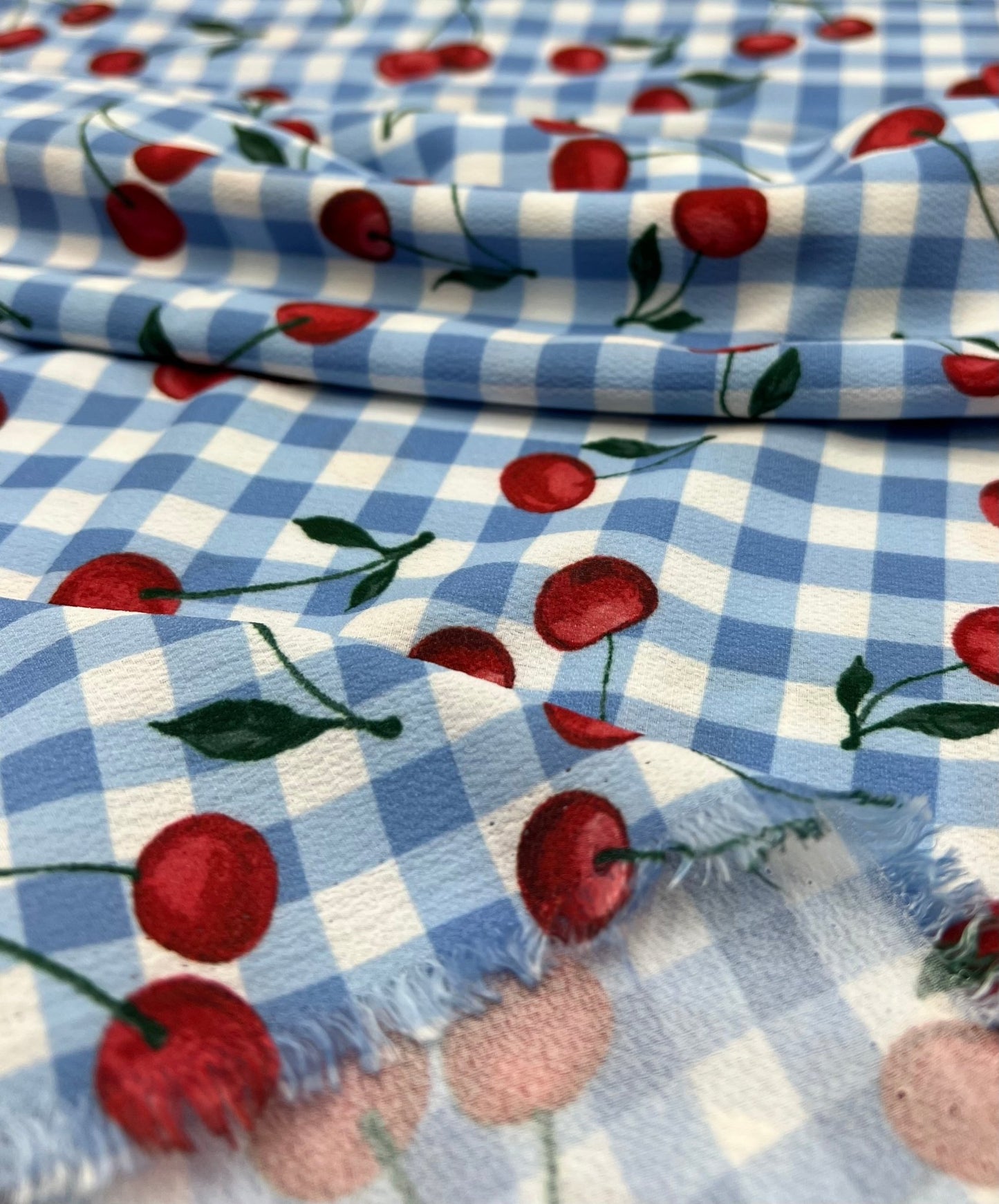 Blue Cherry Gingham Check Print Lightweight Bubble Crepe Fabric - T9 Fabrics