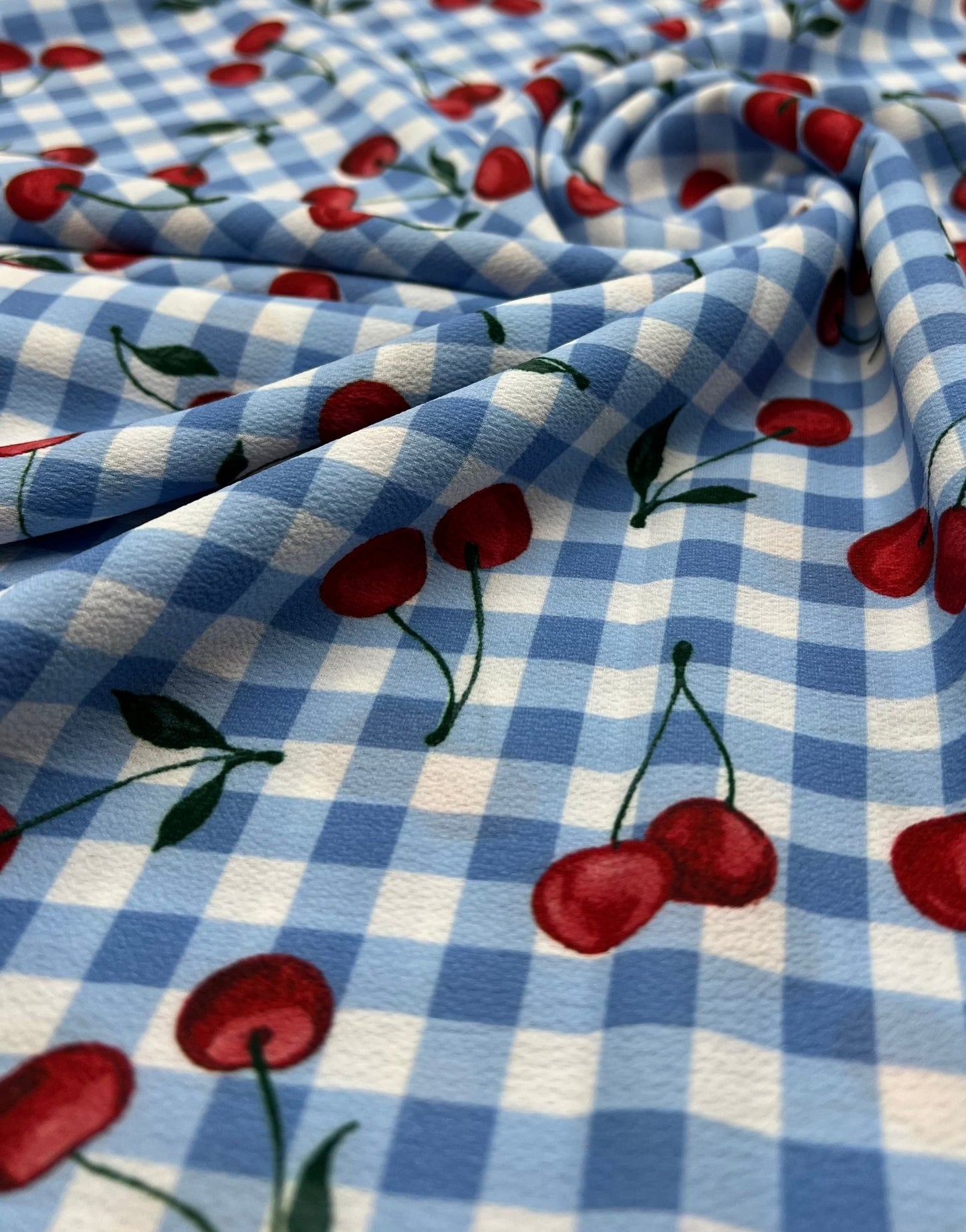 Blue Cherry Gingham Check Print Lightweight Bubble Crepe Fabric - T9 Fabrics