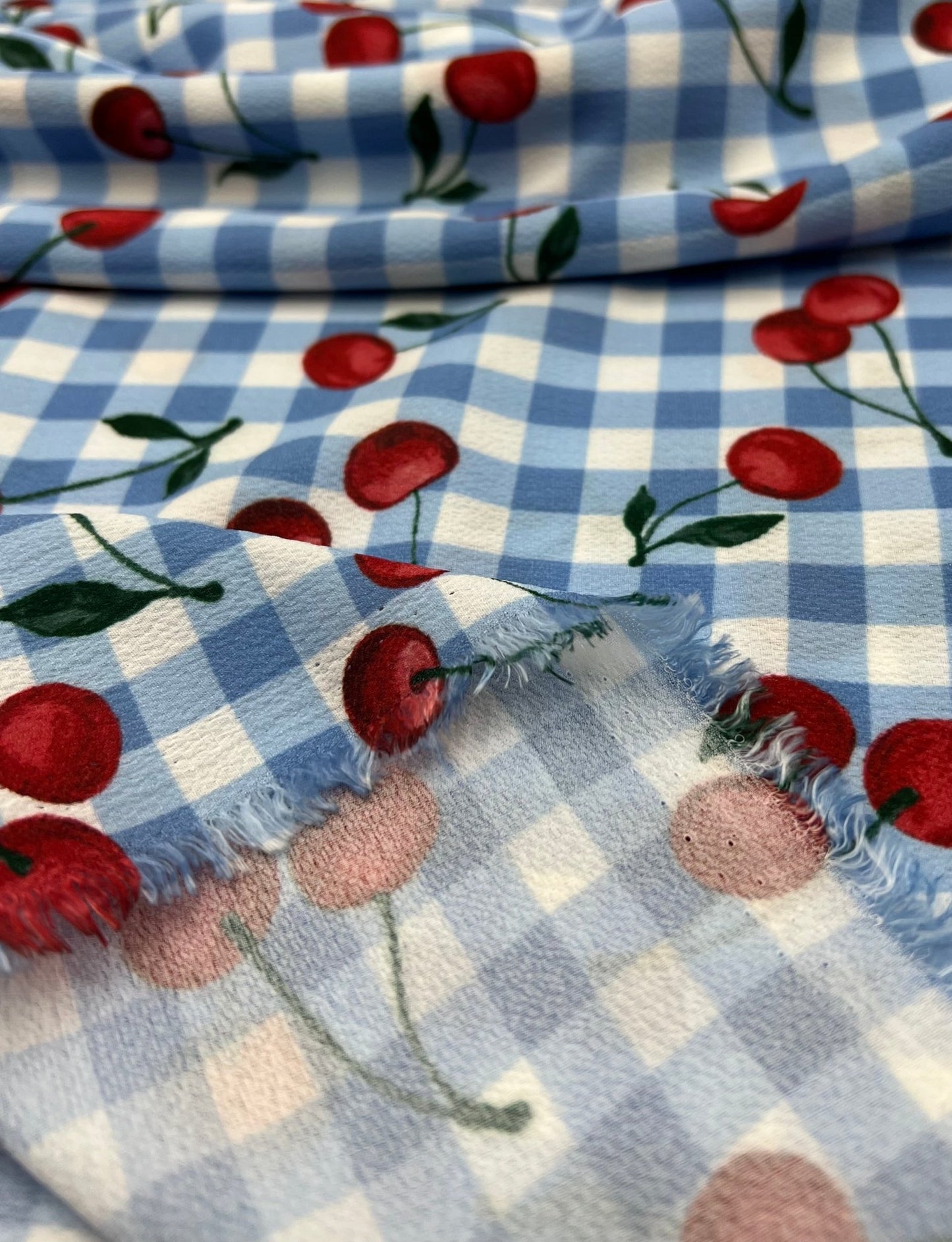 Blue Cherry Gingham Check Print Lightweight Bubble Crepe Fabric - T9 Fabrics