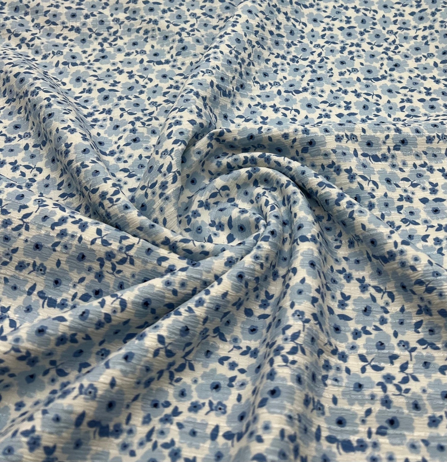 Blue Floral Textured Crinkle Lightweight Non Stretch Fabric - T9 Fabrics