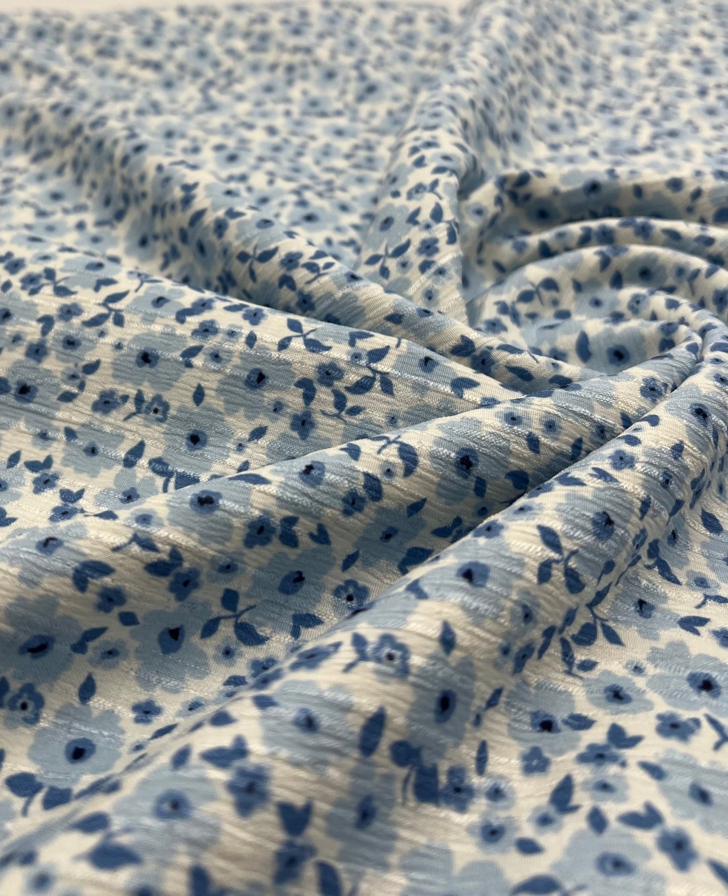 Blue Floral Textured Crinkle Lightweight Non Stretch Fabric - T9 Fabrics