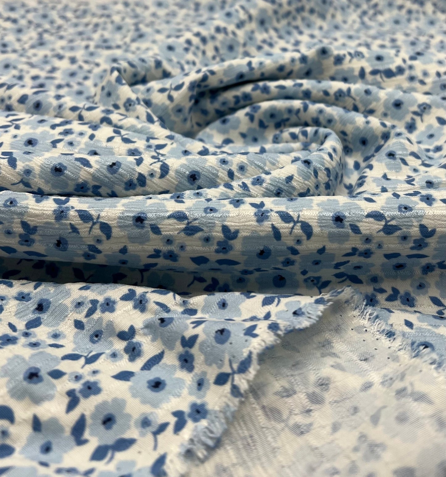Blue Floral Textured Crinkle Lightweight Non Stretch Fabric - T9 Fabrics