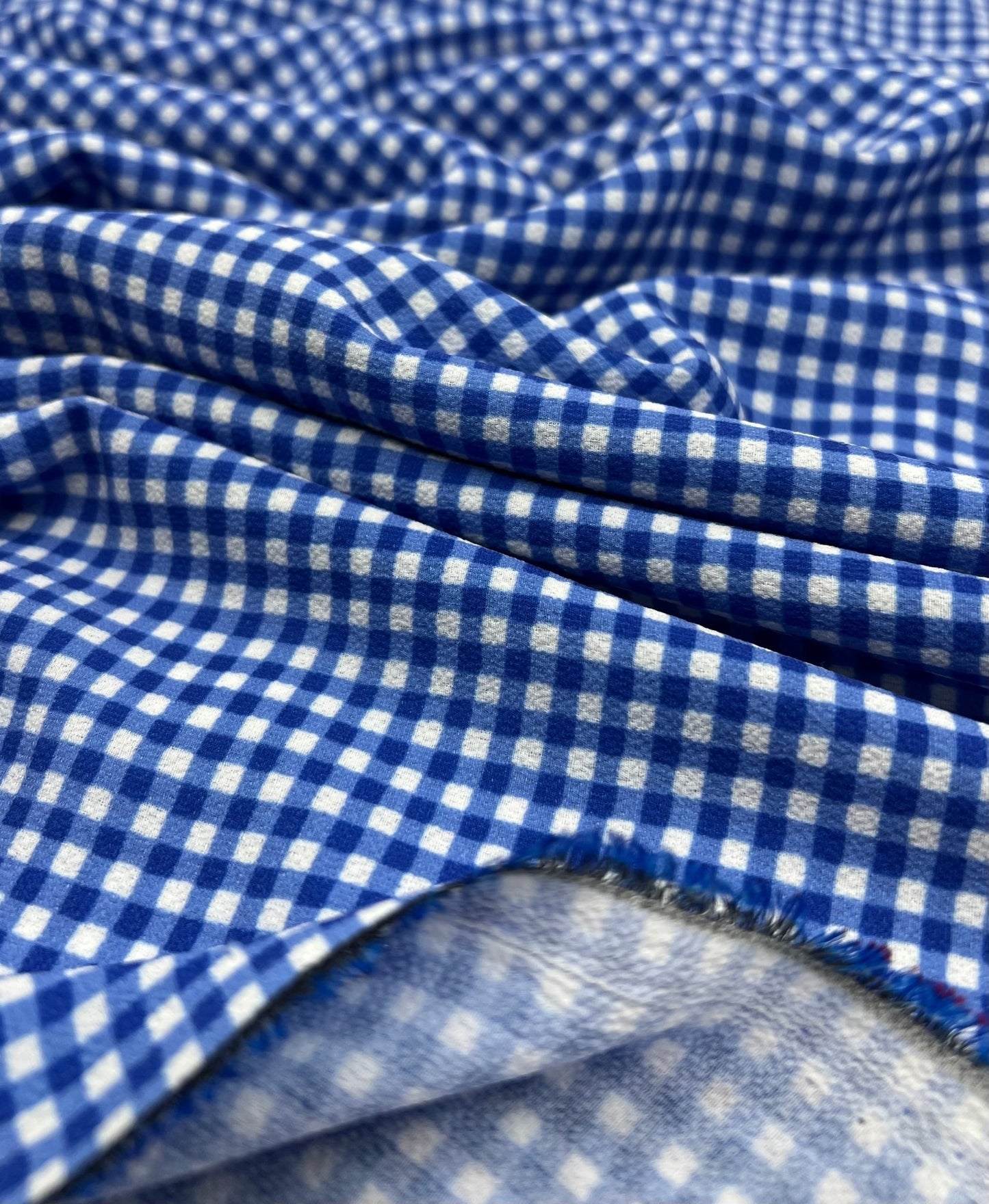 Blue Gingham Check Print Lightweight Bubble Crepe Fabric - T9 Fabrics