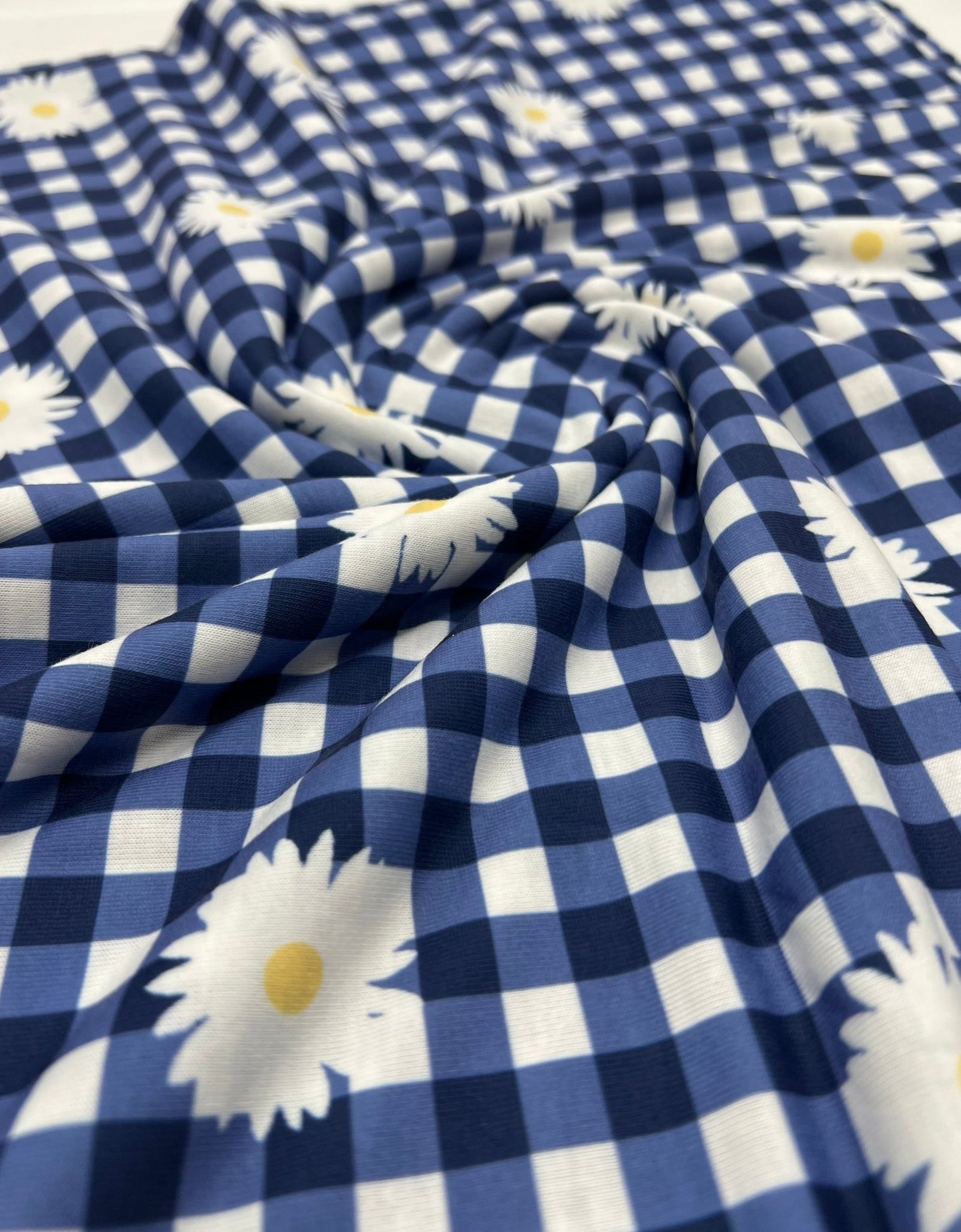 Blue Gingham Daisy Print Soft Spun Poly Stretch Fabric - T9 Fabrics