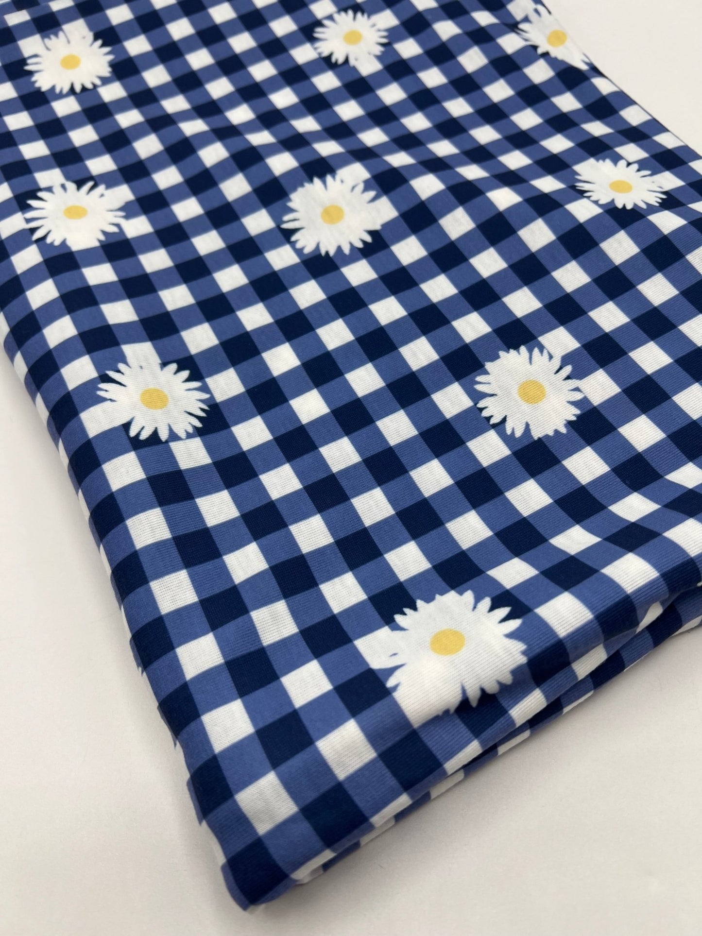 Blue Gingham Daisy Print Soft Spun Poly Stretch Fabric - T9 Fabrics