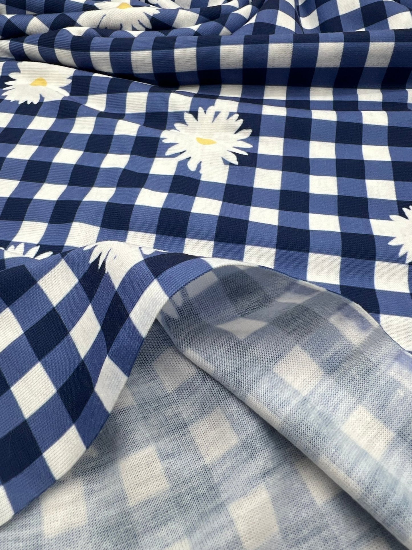 Blue Gingham Daisy Print Soft Spun Poly Stretch Fabric - T9 Fabrics