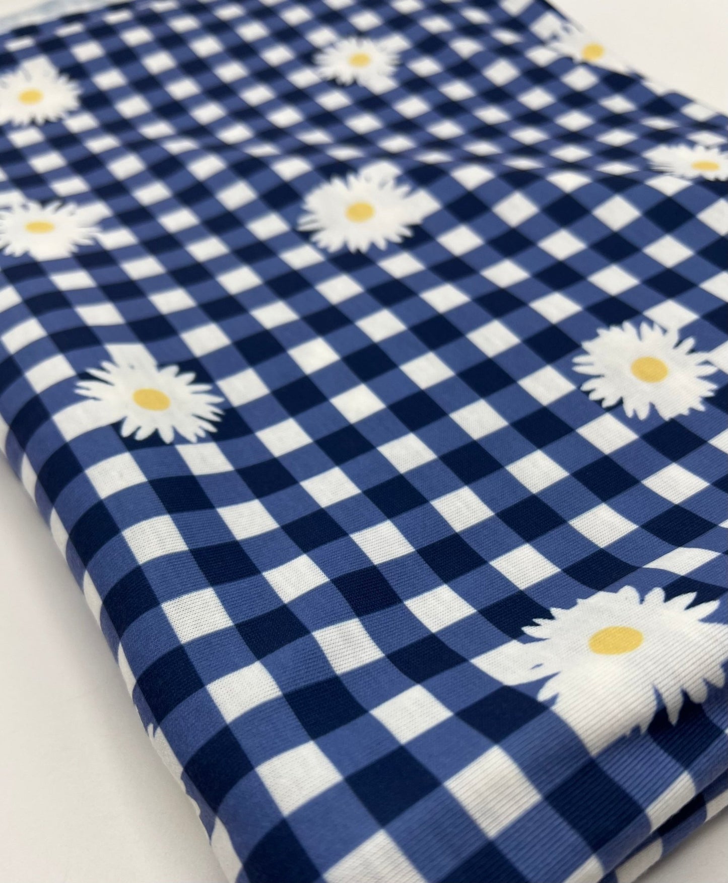Blue Gingham Daisy Print Soft Spun Poly Stretch Fabric - T9 Fabrics