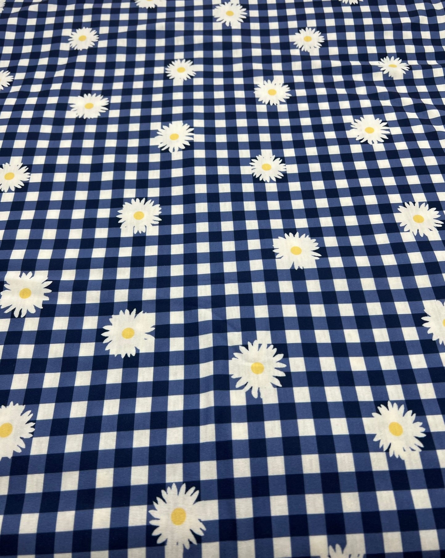Blue Gingham Daisy Print Soft Spun Poly Stretch Fabric - T9 Fabrics