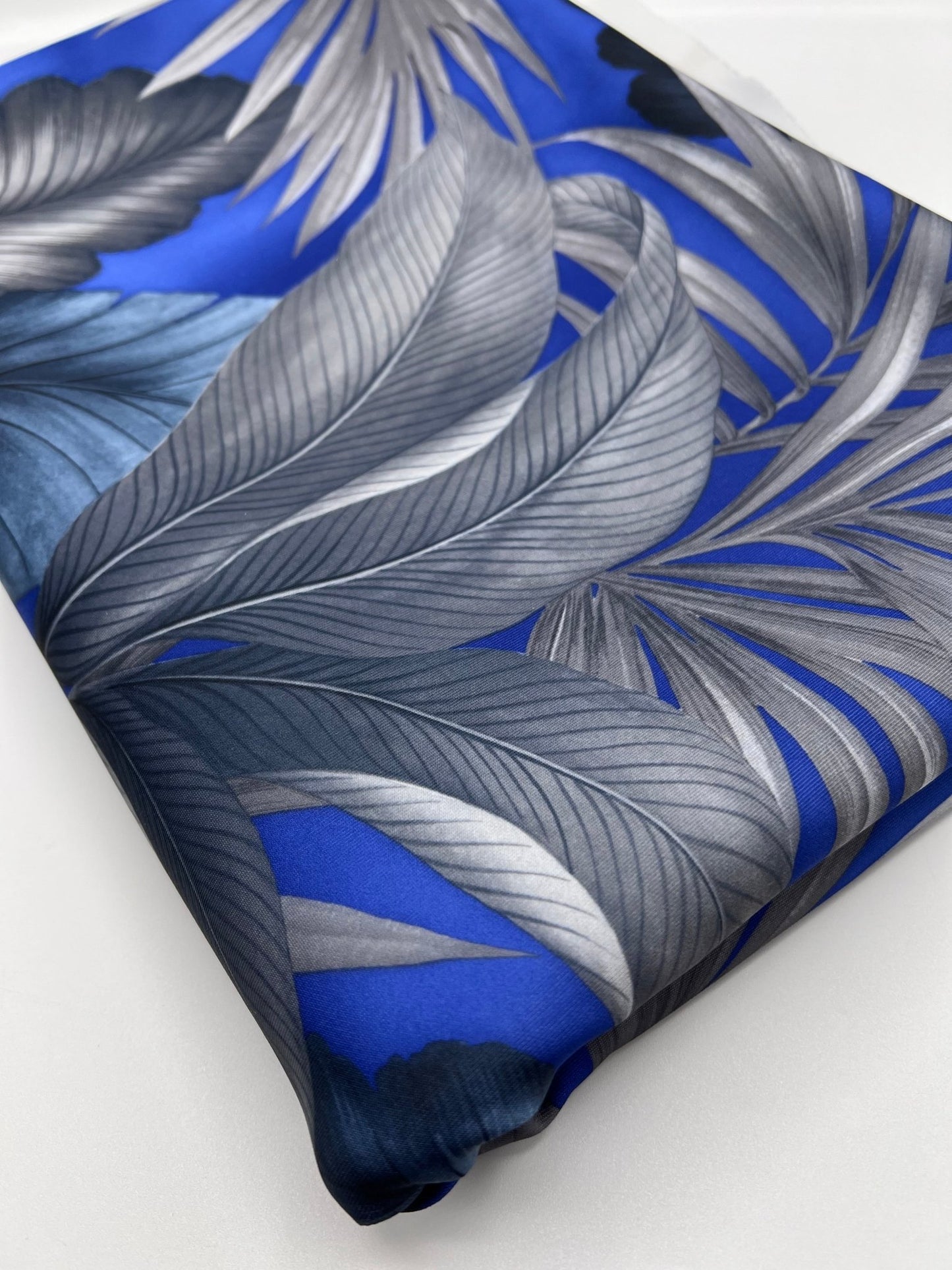 Blue Grey Leaf Printed Plain Scuba Stretch Fabric - T9 Fabrics