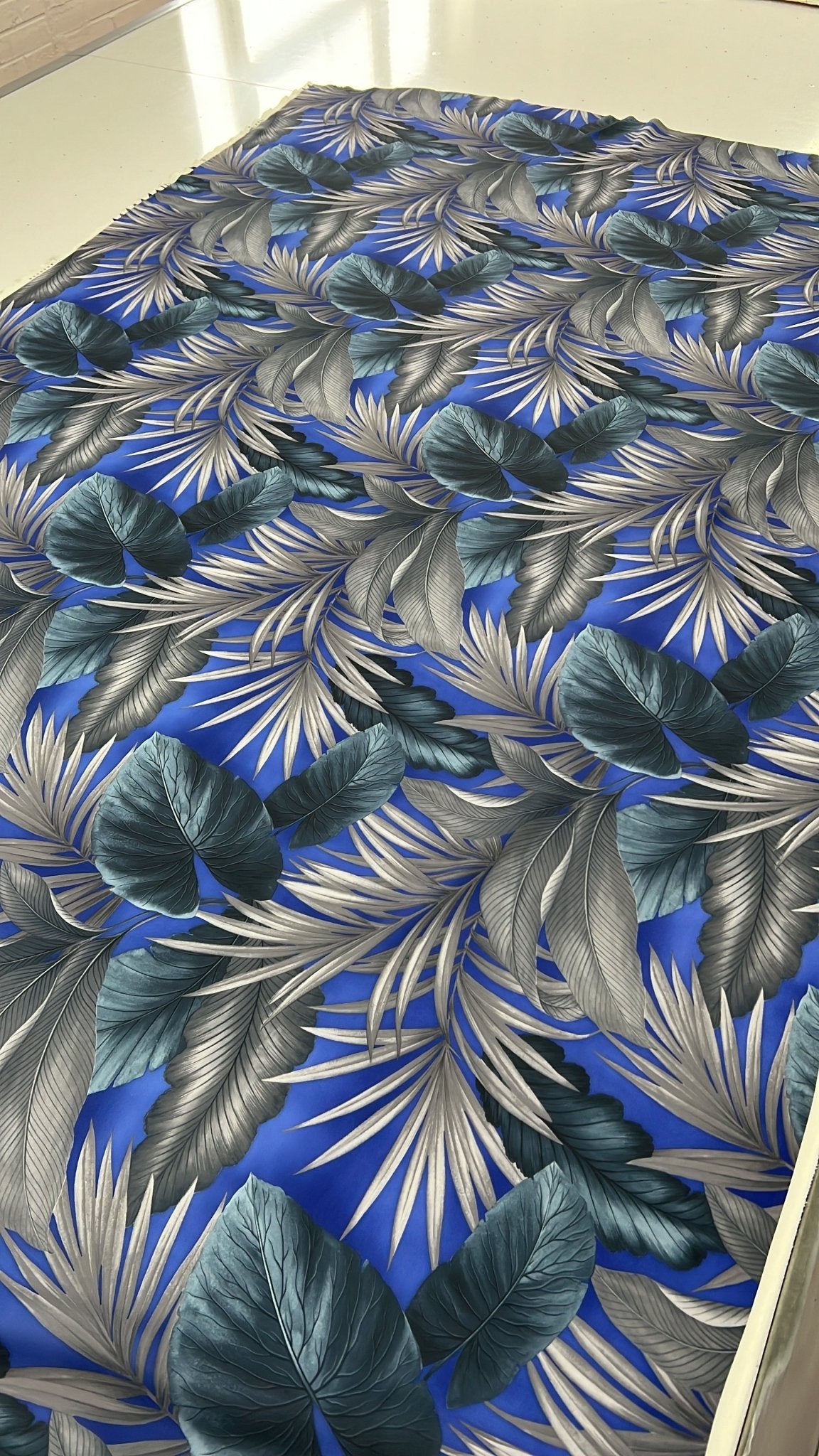 Blue Grey Leaf Printed Plain Scuba Stretch Fabric - T9 Fabrics