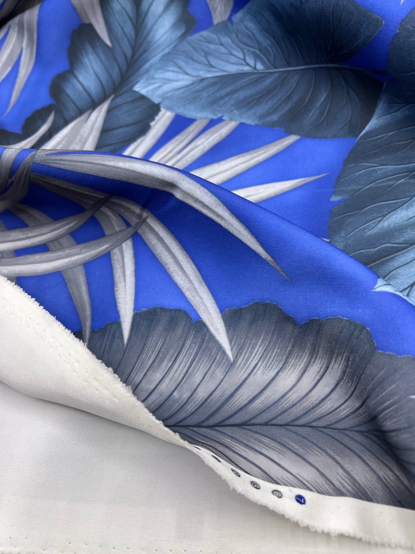 Blue Grey Leaf Printed Plain Scuba Stretch Fabric - T9 Fabrics