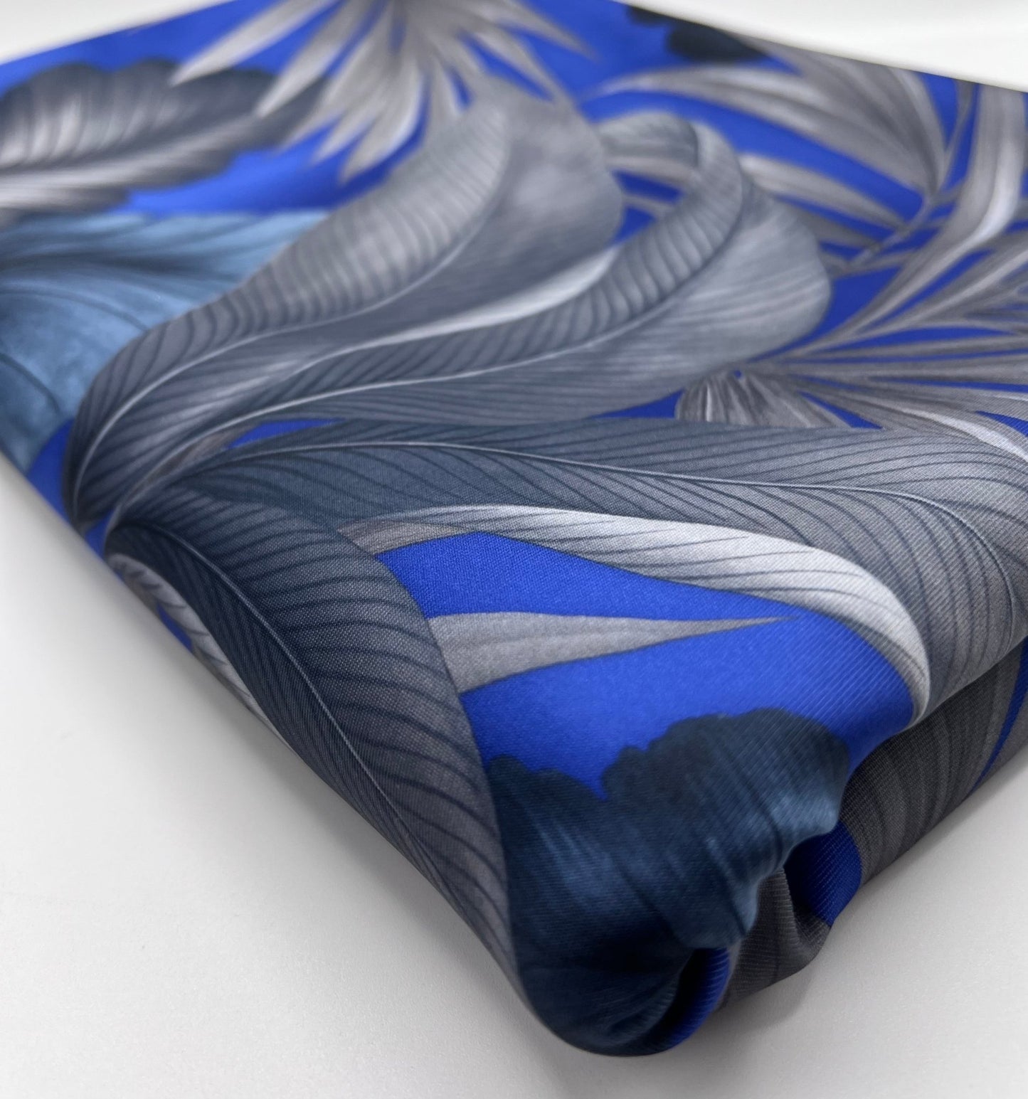 Blue Grey Leaf Printed Plain Scuba Stretch Fabric - T9 Fabrics